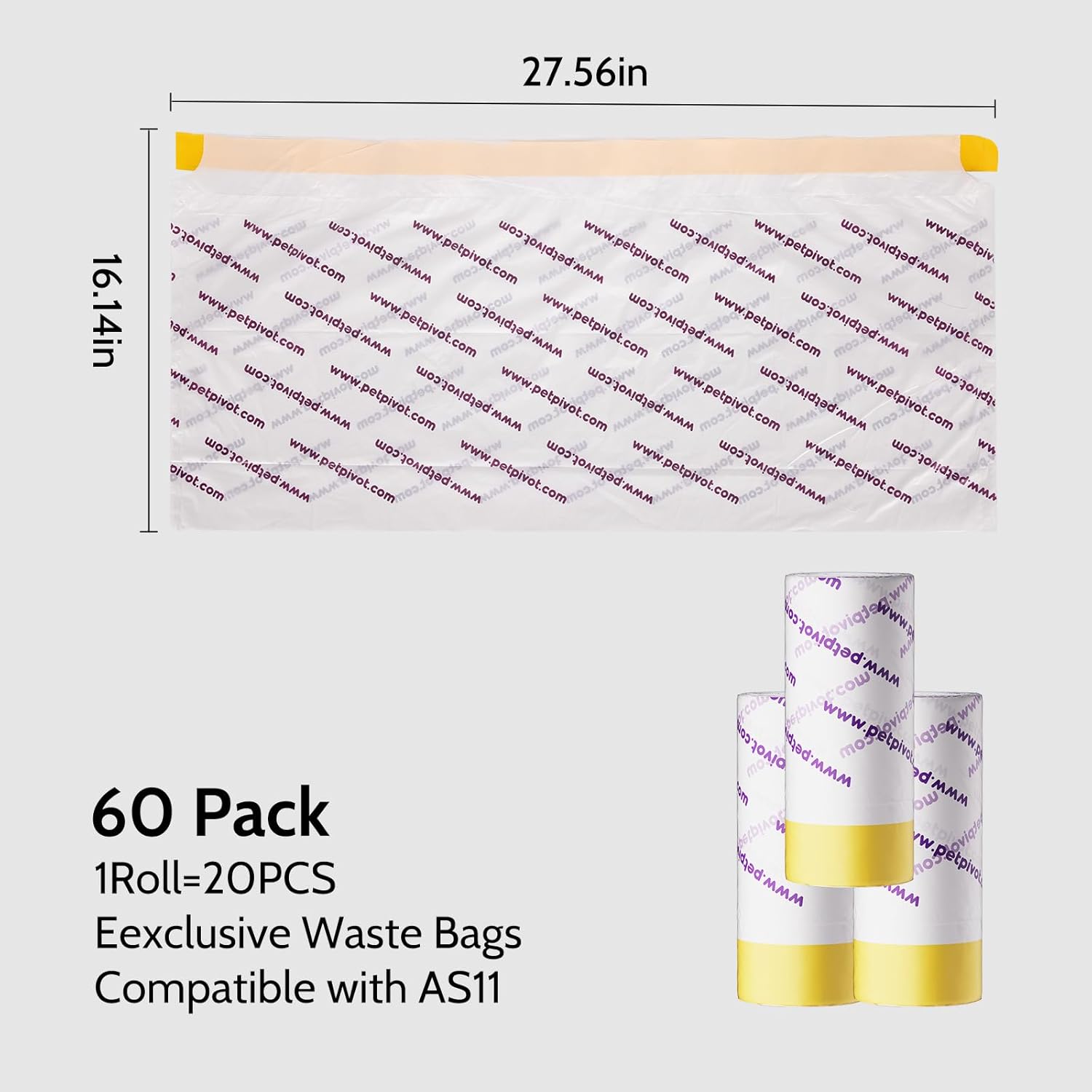 60 Count Automatic Cat Litter Box Liners - Compatible with Petpivot Autoscooper 11, Drawstring Design, Heavy Duty & Leak-Proof, Replacement Waste Bags（27.56"×16.14"）