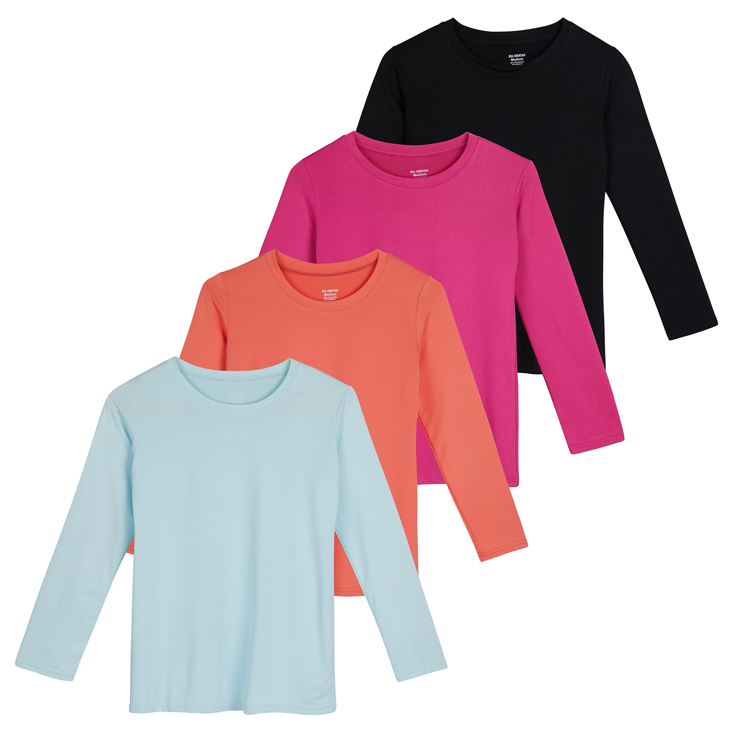 Real EssentialsReal Essentials 4 Pack: Girls Dry-Fit Long Sleeve Active Crew Neck T-Shirt - Super Soft Tee