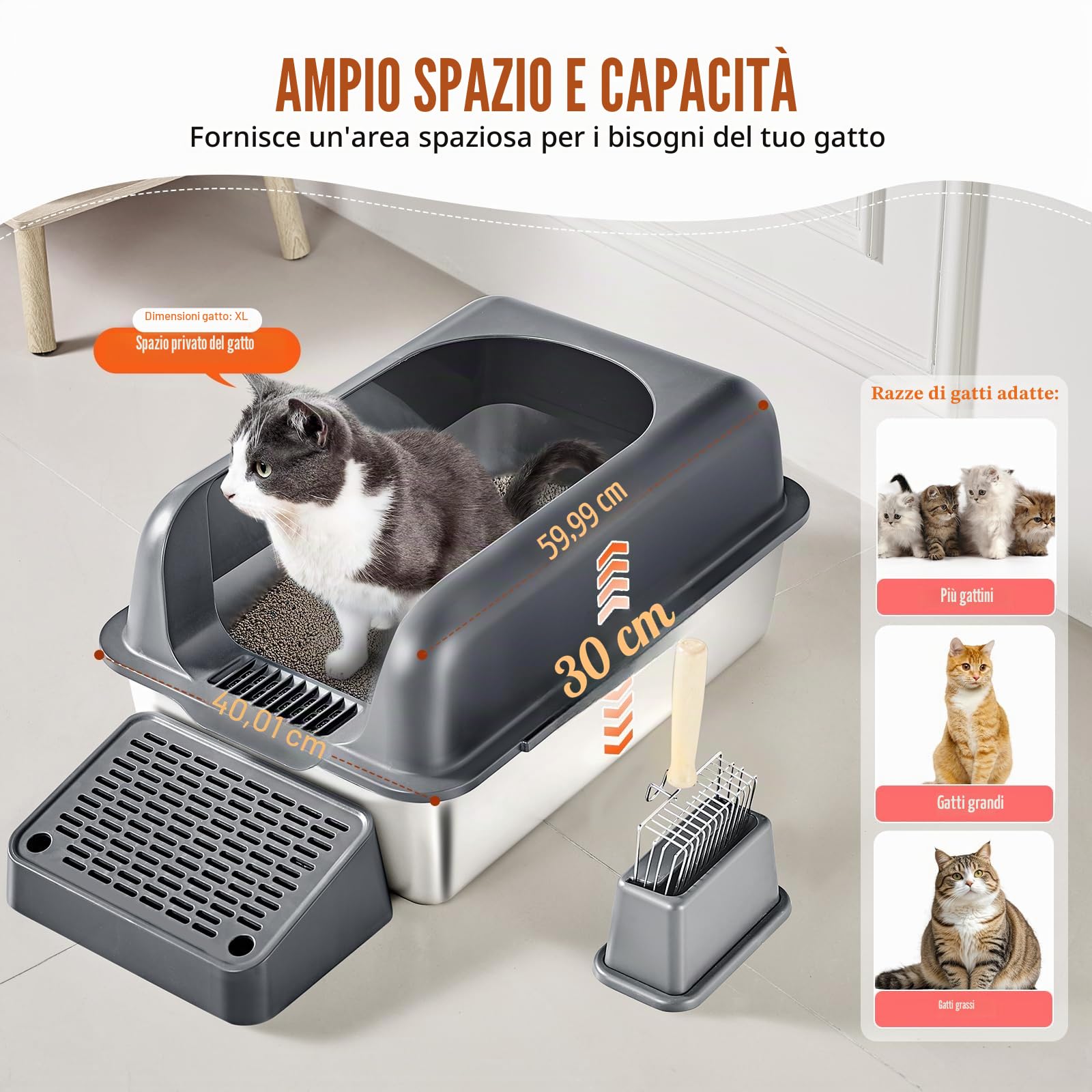 VEVOR Lettiera XL in Acciaio Inox per Gatti con Paletta, Profondità 152,4 mm, Ampia Pedana Filtrante, Lati Alti, Inodore, Grigio Scuro