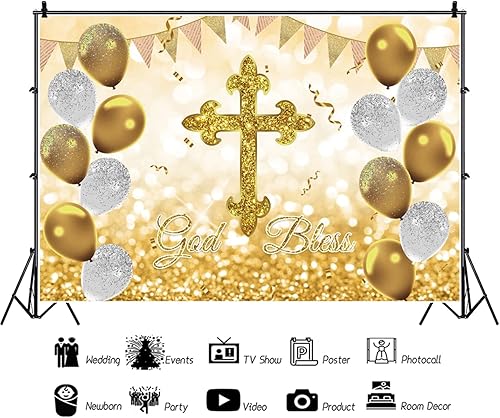 Miniatura 2 de OERJU Telón de fondo de 7 x 5 pies para fiesta de bautismo, primera comunión, fondo de bautizo, globos de cruz dorados con purpurina dorada, baby
