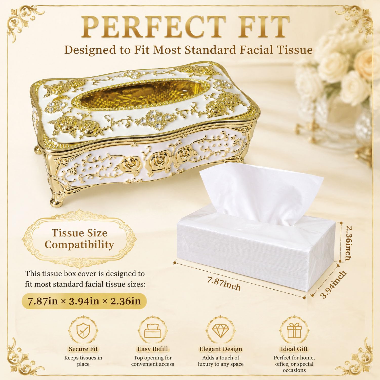 Bling Rhinestone Tissue Box Holder,Luxurious European Style Rose Tissue Box Cover for edroom,Office,Bathroom,Home,Travel,Restaurant(Gold&White) 4