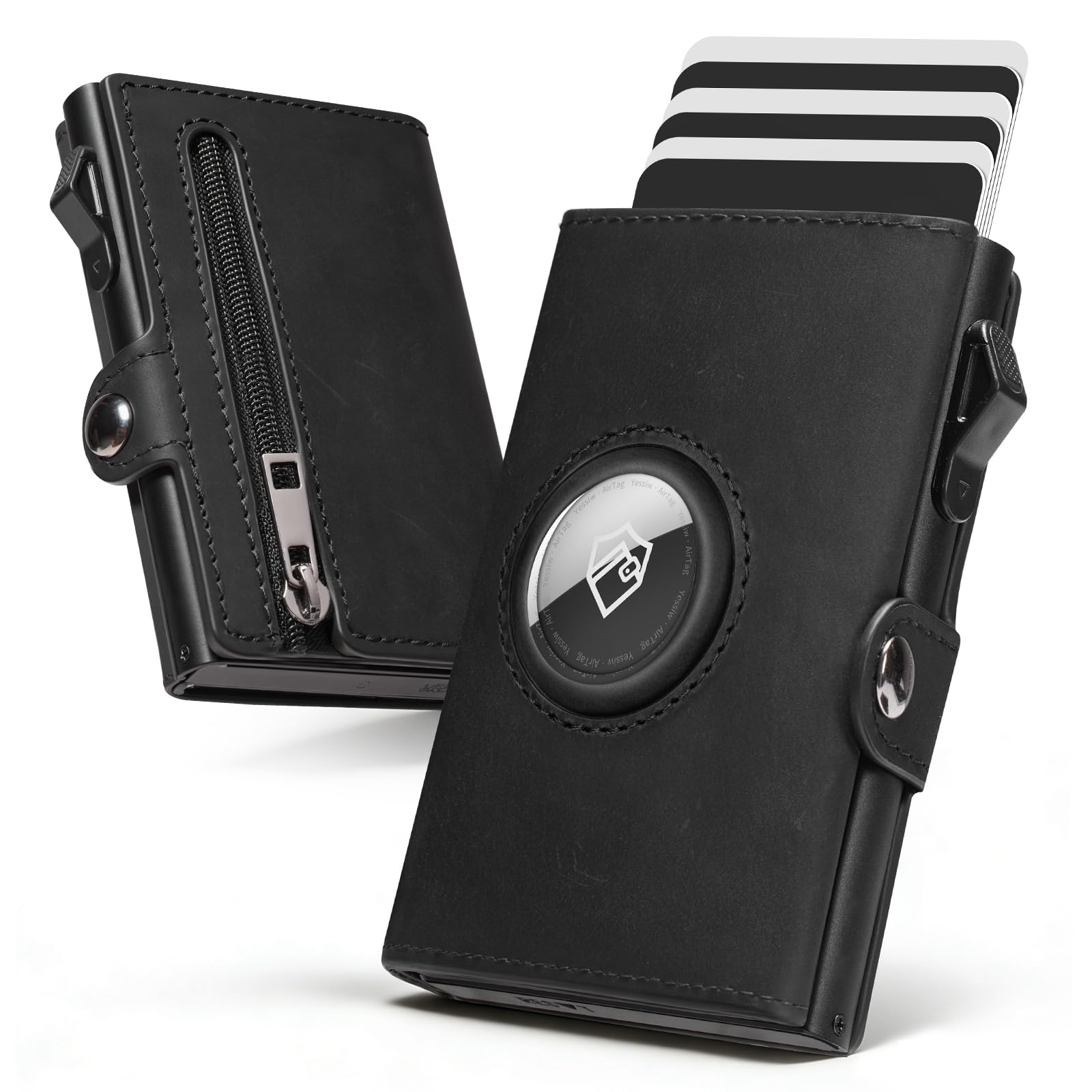 YESIIW Geldbörse Herren Echtleder – Slim Wallet für AirTag 2 Generation, Portmonee Herren RFID Schutz, Kartenetui für 12 Karten, Portemonnaie mit Münzfach & 2 ID Fenster, Schwarz