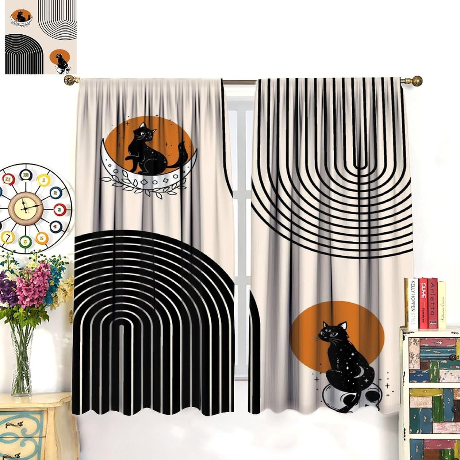 Mid-Century Arched Curtain, Bohemian Black Cat Geometric Abstract Style Vintage Window Treatments, Bedroom and Living Room Blackout Curtains52X84 Inch