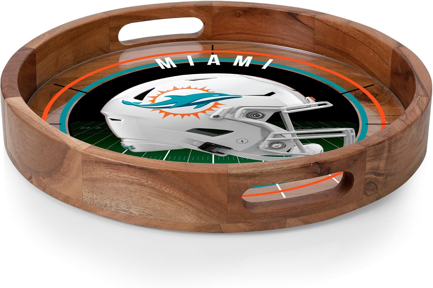 PICNIC TIME NFL Barista Serving Tray with Glass Insert, Round Acacia Wood Cheese Board, Serving Platter with Handles, (Acacia Wood)