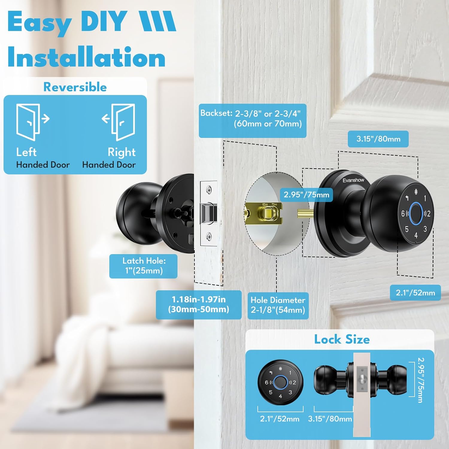 Upgrade Wateproof Smart Door Knob with Lock, Fingerprint Door Locks with Remote Control & Key, Keyless Thumbprint Entry Door Locks for Bedrooms, Front Door, Hotel, Apartment
