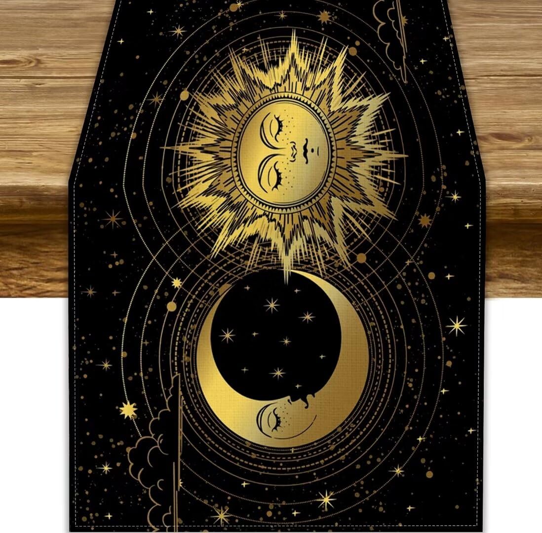Golden Sun Moon Table Runner, Mystical Astrology Celestial Tarot Zodiac Witch Print Table Cover for Farmhouse Kitchen Dining Table Party Decor, 13x90inch