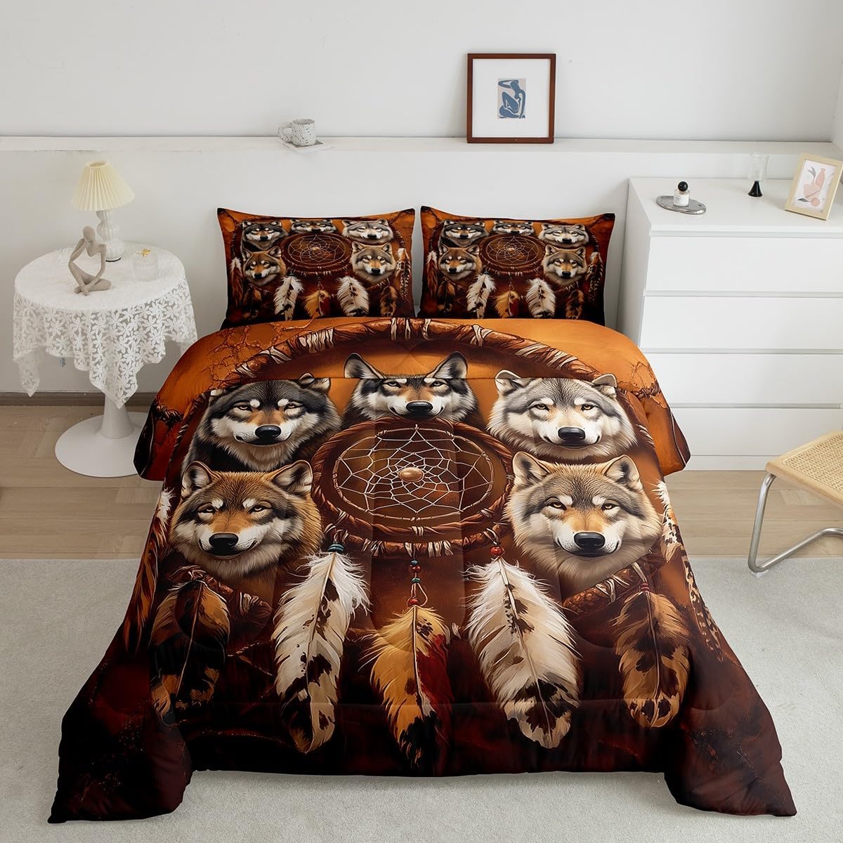 Feelyou Wolf Comforter Set Full Size Dark Brown Comforter for Boys Girls Teens Dreamcatcher Bedding Set Indian Hippie Feather Print Duvet Set Room Decor Boho Dream Catcher Decor Quilt Set