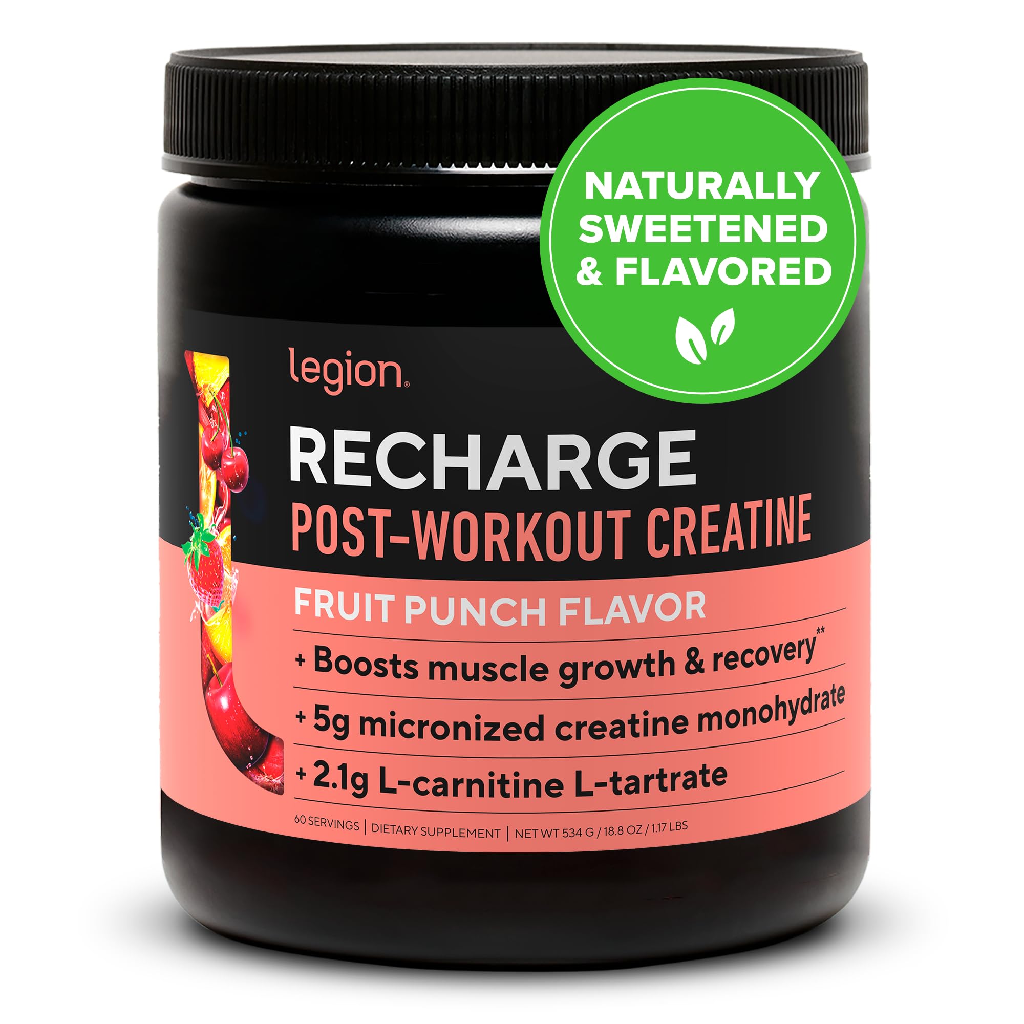 Legion Recharge Post Workout Supplement - All Natural Muscle Builder & Recovery Drink With Creatine Monohydrate. Naturally Sweetened & Flavored, Safe & Healthy. 60 Servings. (Fruit Punch, 60 Servings)Legion Recharge Post Workout Supplement - Al…