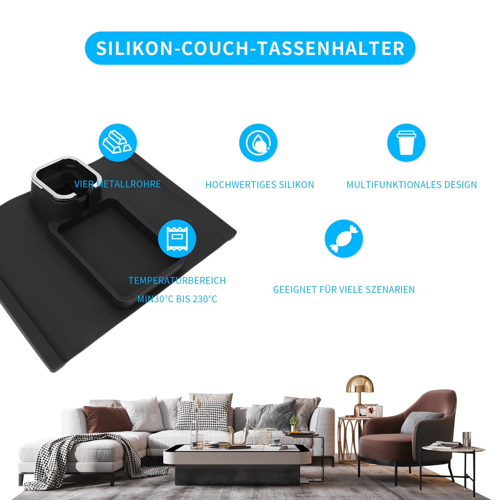 Elprico Couch-Getränkehalter, Silikon-Couch-Getränkehalter und Sofa-Armlehnen-Tablett, Couch-Tisch-Tablett für Starke und Schwere Fernbedienung/Snacks/Handy/Ohrhörer, für