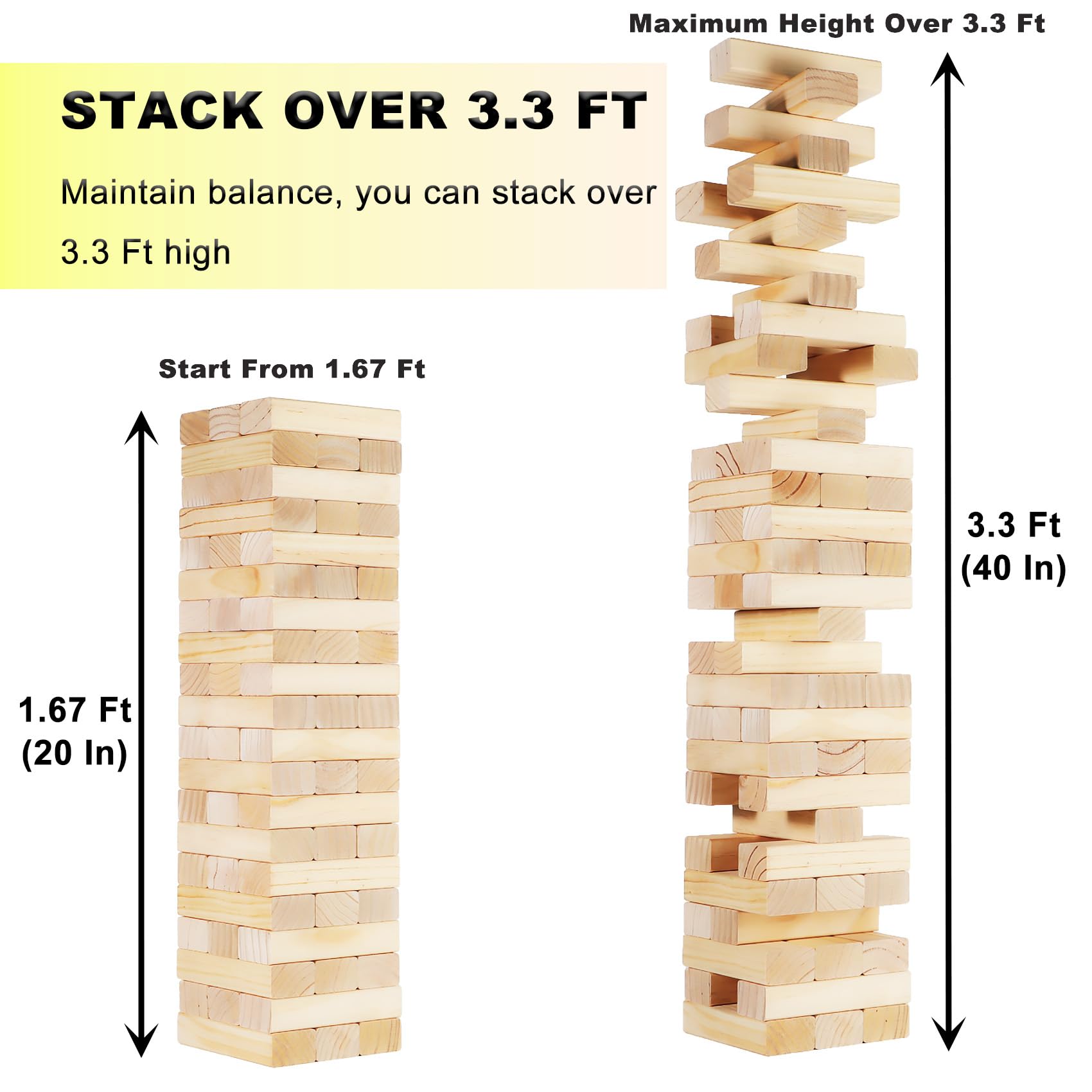 Riesiges Tumbling Tower Spiel, Outdoor-Hof-Spiele für Kinder und Erwachsene, über 100 cm, 60 Stück, Holz-Stapelspiele mit tragbarer Tragetasche für Hinterhof, Rasen, Party, Camping und