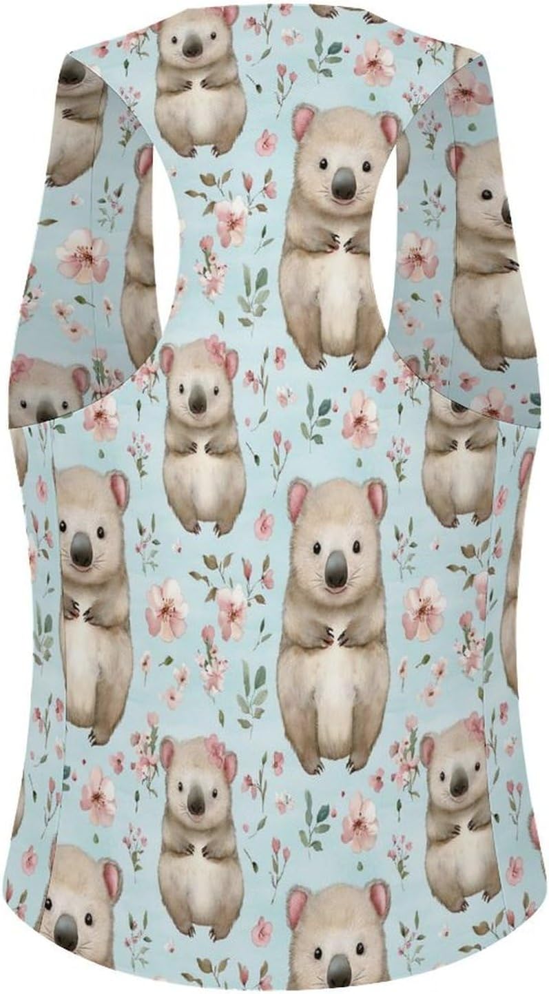 Cute Wombat And Flowers Pattern Women's Tuxedo Waistcoat Suit Vest | 3 Button V-Neck Slim Fit Casual Sleeveless Top