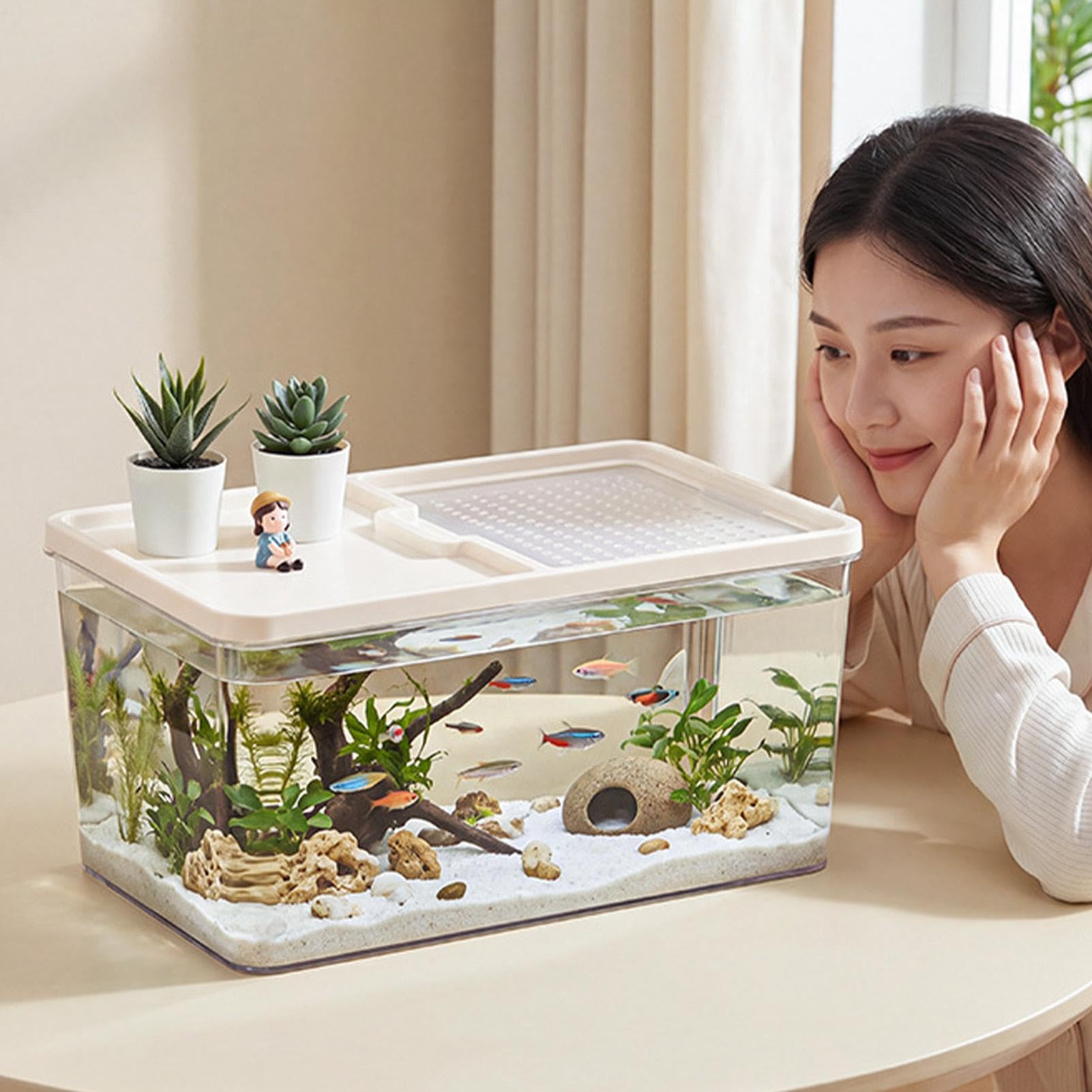 Terrarium Żółwi Z Pokrywą Z Rampą Terrarium Wygrzewcze Dla Gadów I Małych | Wodne Siedlisko Zbiornik Dla Żółwi Dla Węża Gekona Lamparciego Żaby Kraba Krewetki Do Domu Biura Wewnątrz I