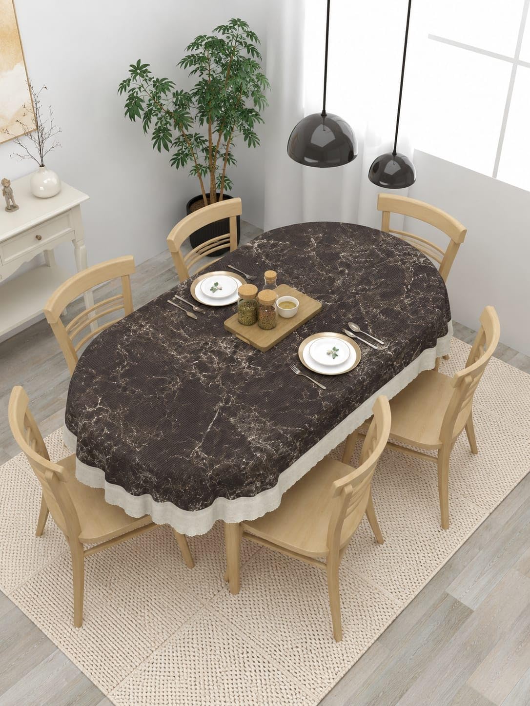 Premium 6 Seater Oval Dining Table Cover, 60x90 Inch – Modern Brown Marble Texture-image-21