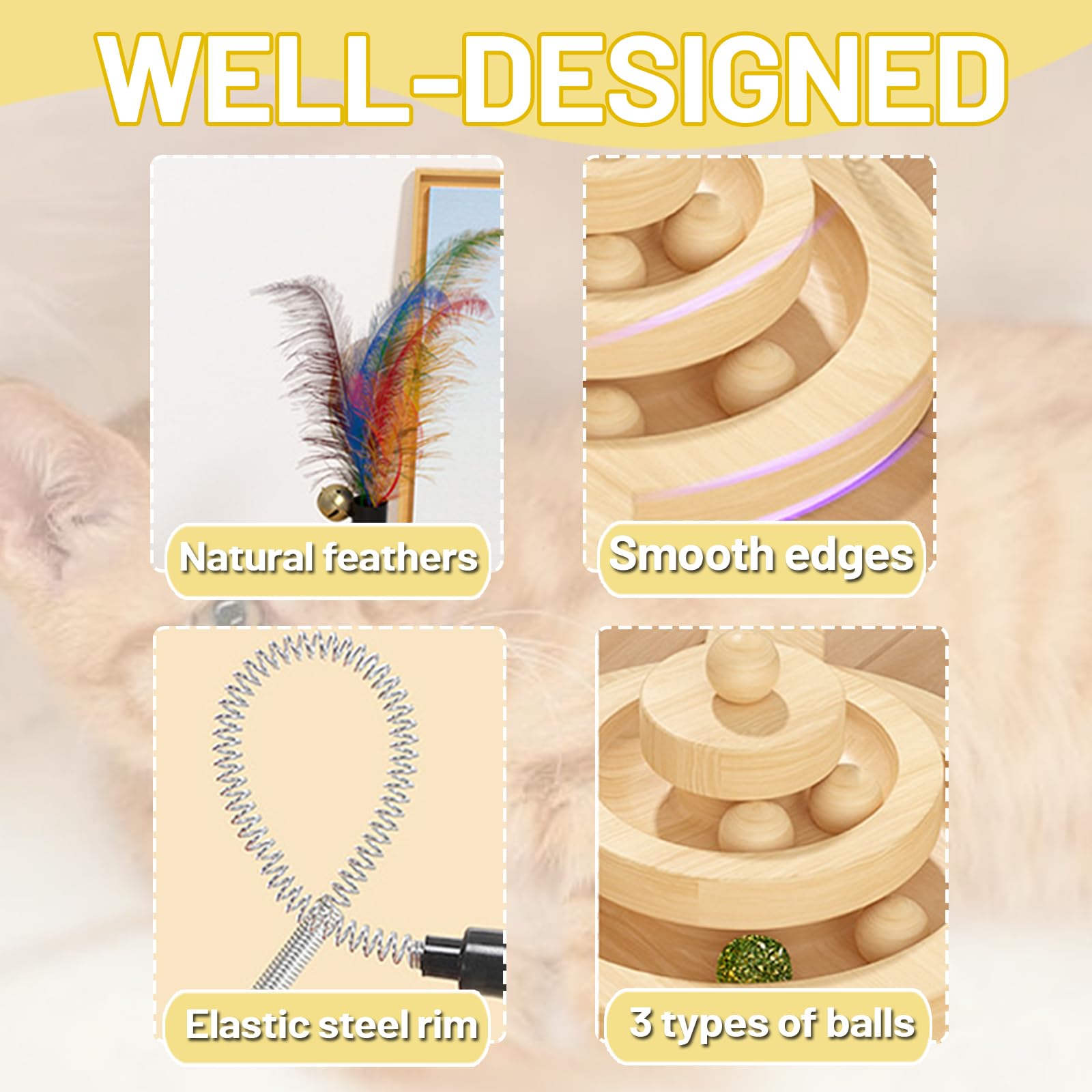 Honicemar 3-Layer Tower Wooden Cat Toy with Ball and Track, Cat Roller Toys Interactive with 3 Types of Balls - Image 4
