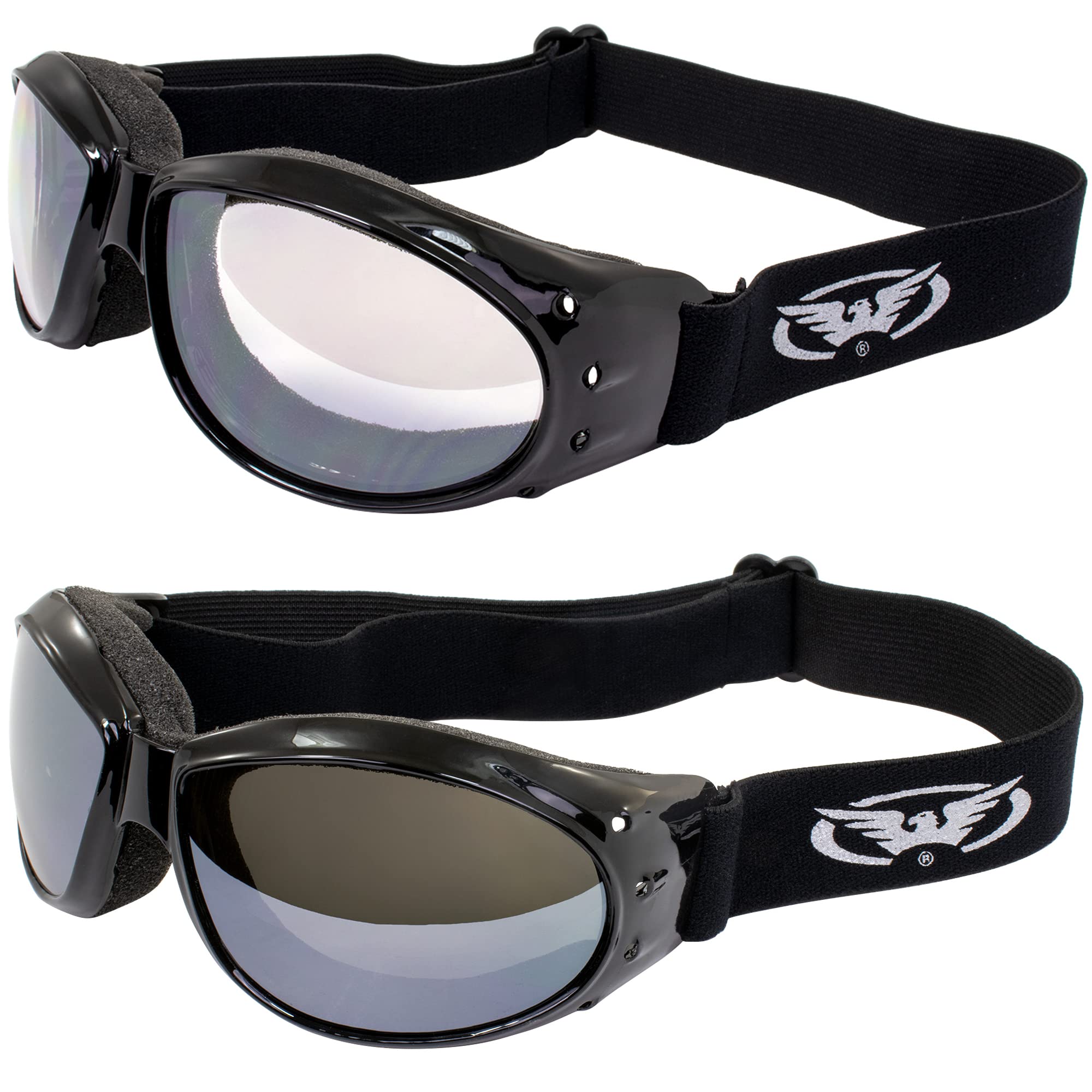 Global Vision Eliminator Padded Motorcycle Riding Goggles ANSI Z87.1 Anti-Fog 2 Pair Black Frames Clear & Flash Mirror Lenses