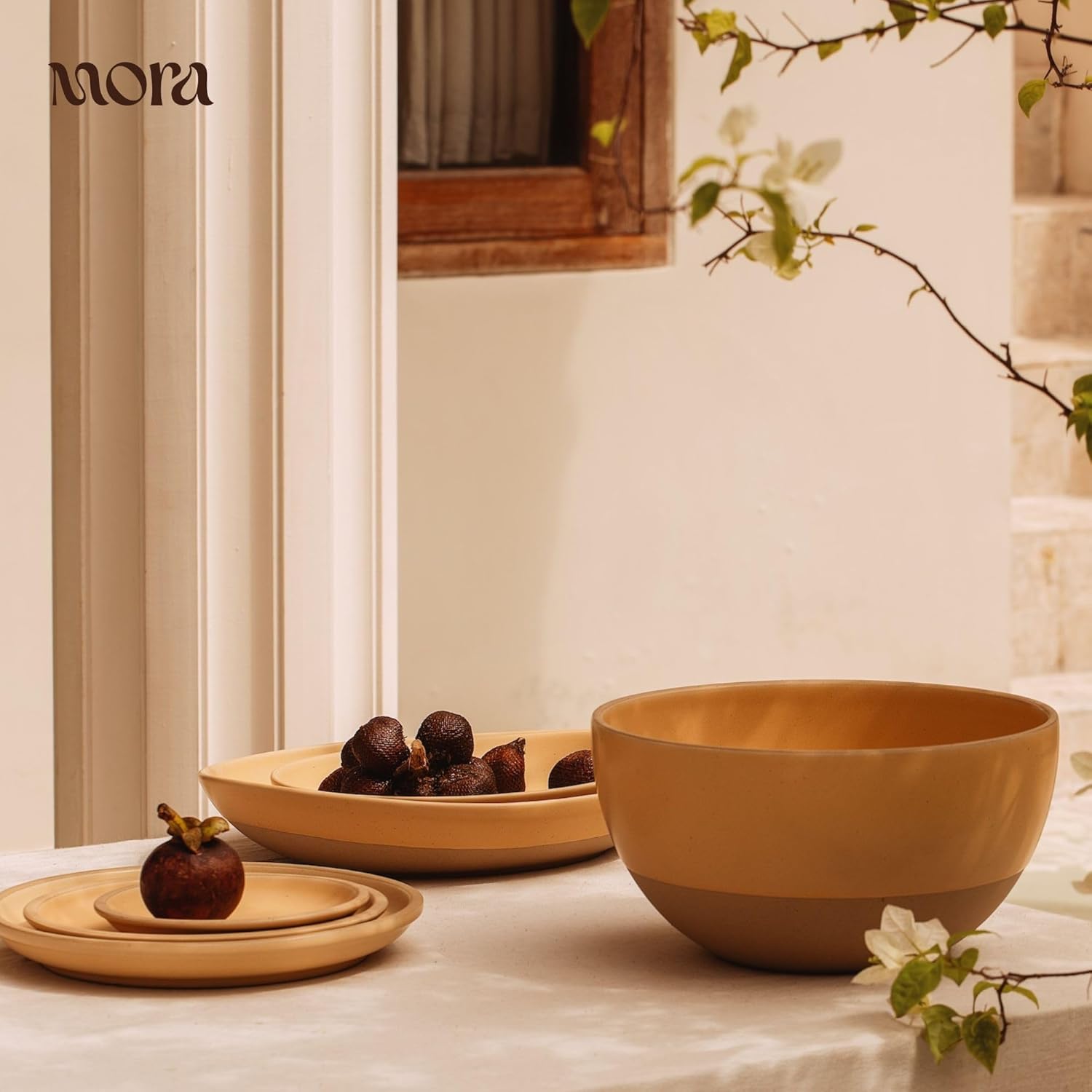 MORA Mega and Giant Bowls Set of 2, 5.5 and 3.5 Qt Ceramic Pottery Mixing Bowls - Microwave and Dishwasher Safe - Merrigold & Iris