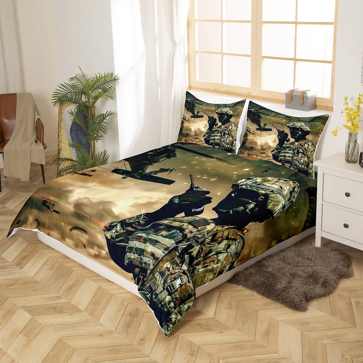 Homemissing American Soldier Bedding Set Boys Teens Under Mission Comforter Cover Helicopter Duvet Cover for Girls Kids Camouflage Bedroom Decor Military Themed Bedspread Cover Single Size - Image 3