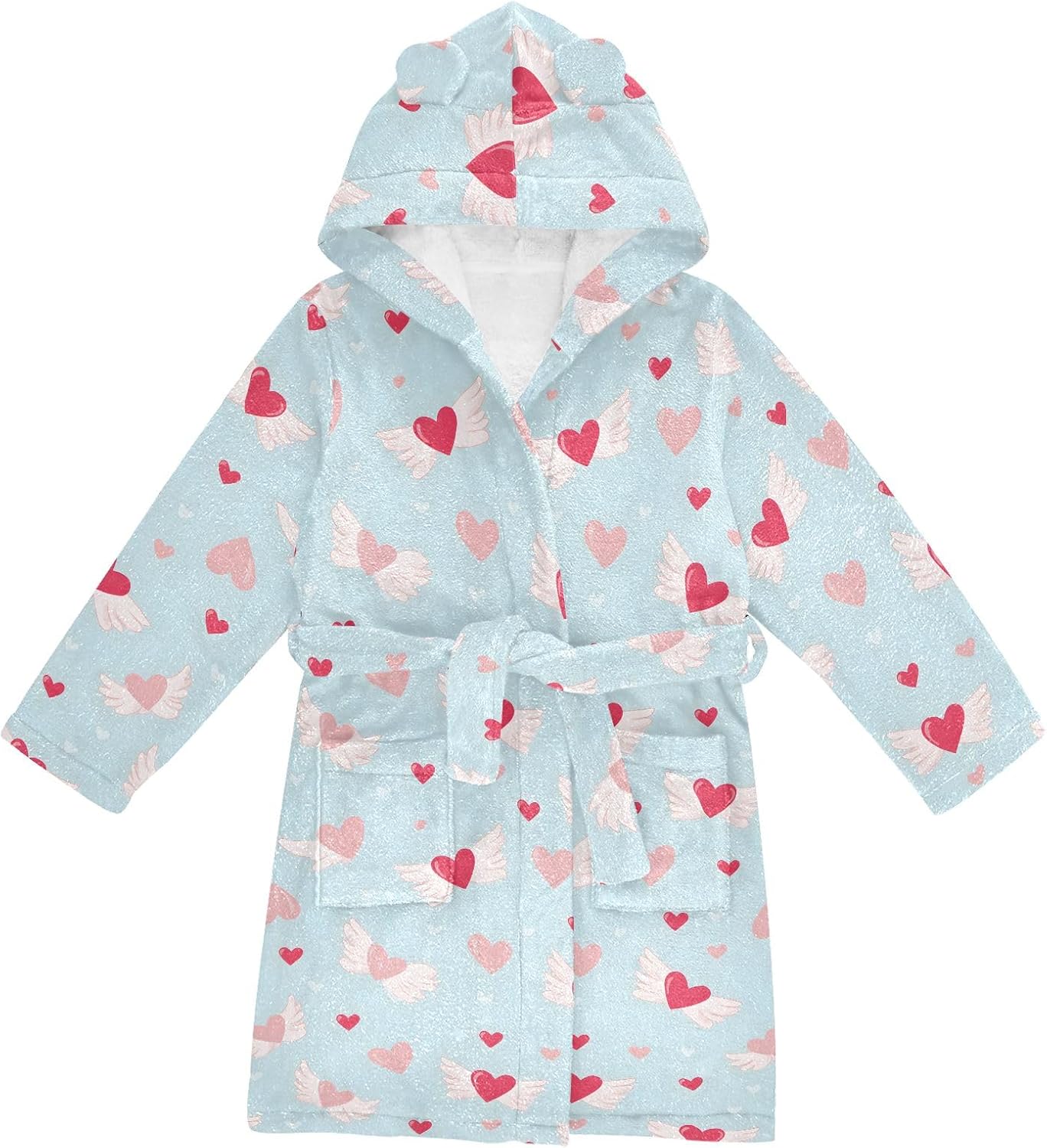 Winged Hearts Pattern Toddler Hooded Bathrobe for Boys Girls Soft Plush Bath Towel Robe 2-12 Years