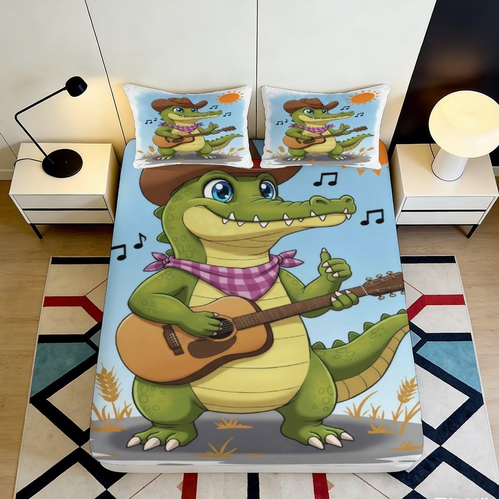 3D Printed Cartoon Crocodile Fitted Sheet Microfiber Soft Breathable Guitar Alligator Bed Cover for Bedroom Dormitory Guest Room Mattress Protection 120x200x25cm
