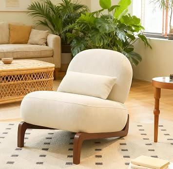 Velvet Accent Seat with Solid Wood Legs, Cozy Armless Upholstered Furniture for Living Room, Bedroom, Apartment, Waiting Room or Balcony Cute Modern Lounge Piece,White
