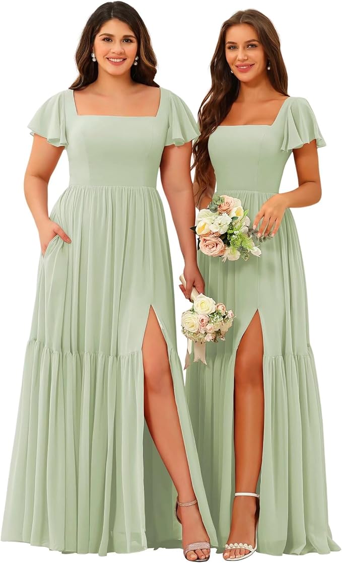 Women's Flutter Sleeve Bridesmaid Dresses with Slit