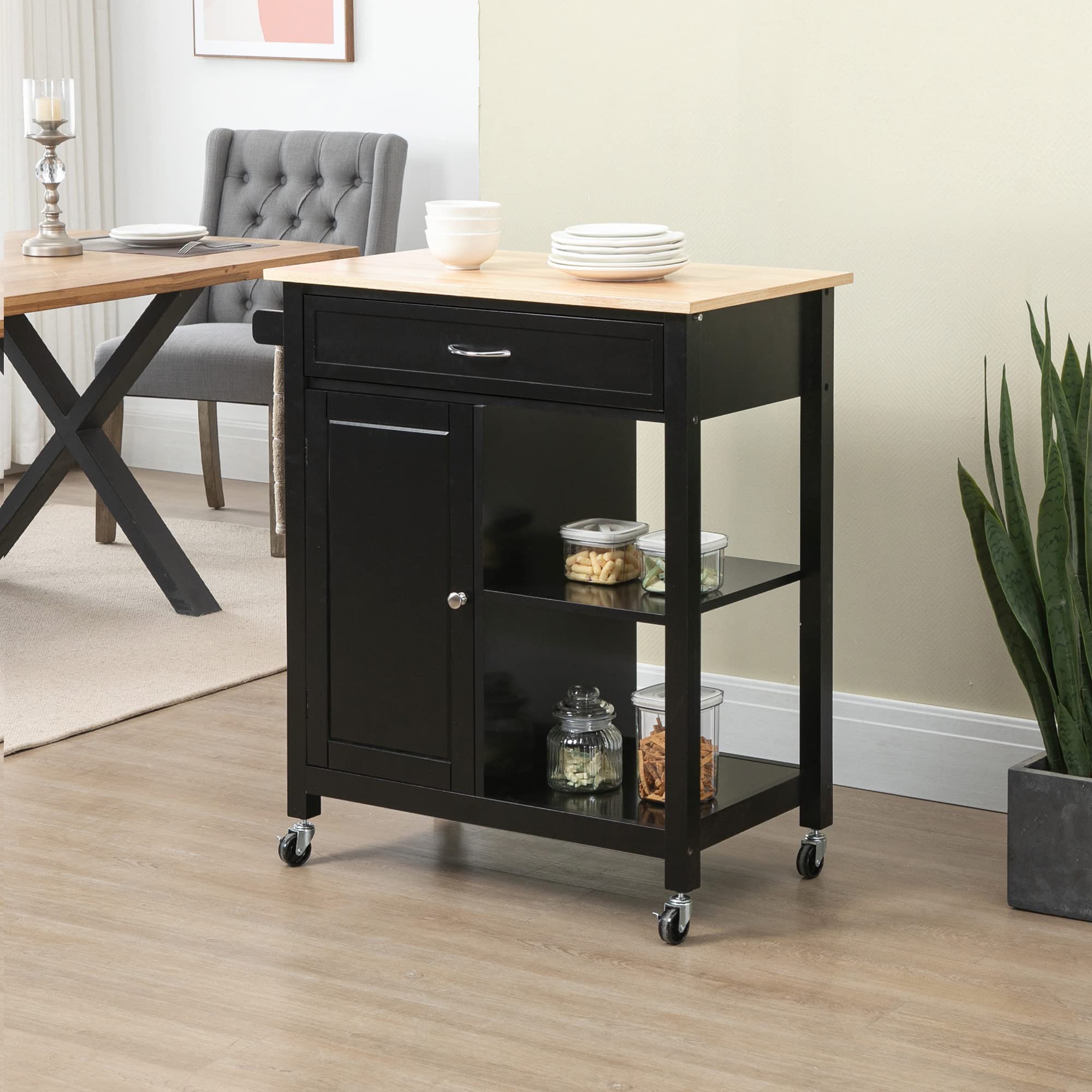 HOMCOM Carrello da Cucina in Legno con Cassetto, Armadietto e Ripiani, Carrellino Portavivande con Ruote, 83x45x88cm, Nero