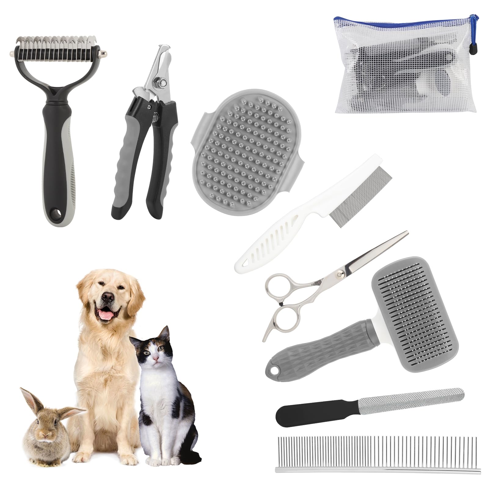 Set di 9 spazzolini per animali domestici autopulenti depilazione professionale multifunzione per cani e gatti (grigio)