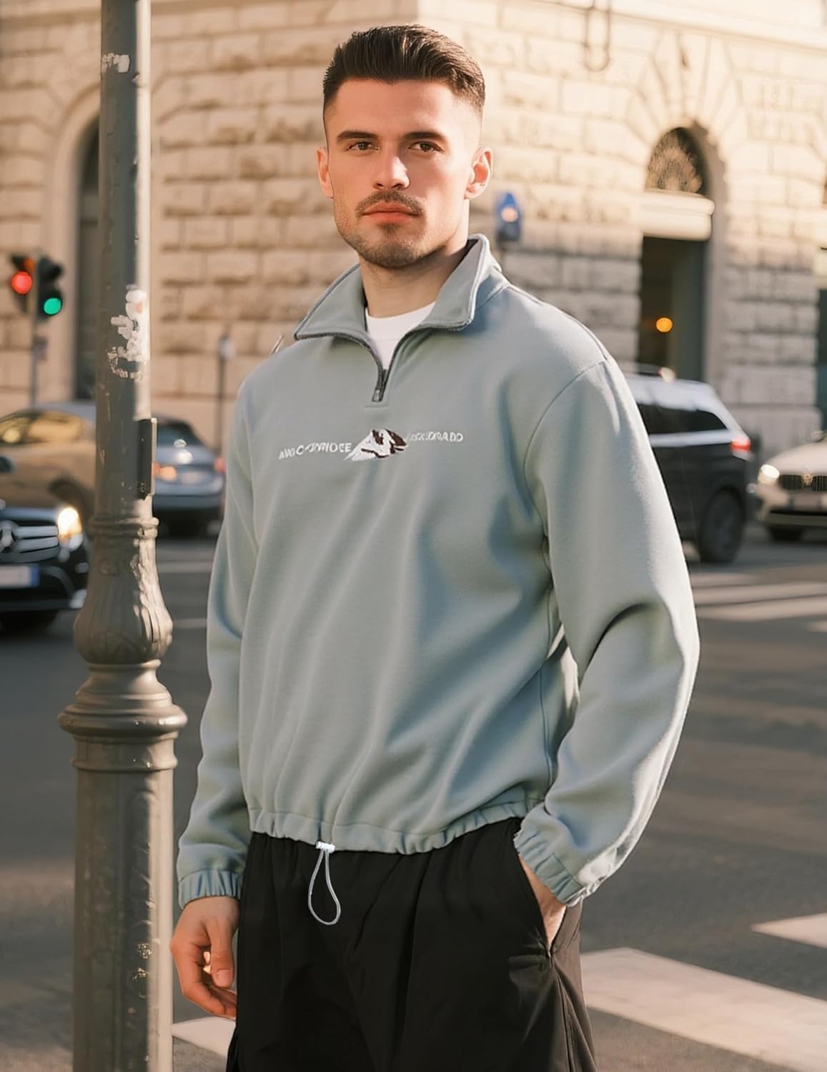 ZAFUL Men’s Vintage Two-Tone Colorblock Quarter Zip Sweatshirt – ALASKA NEW YORK Letter Graphic Fleece Polo Pullover - Image 2