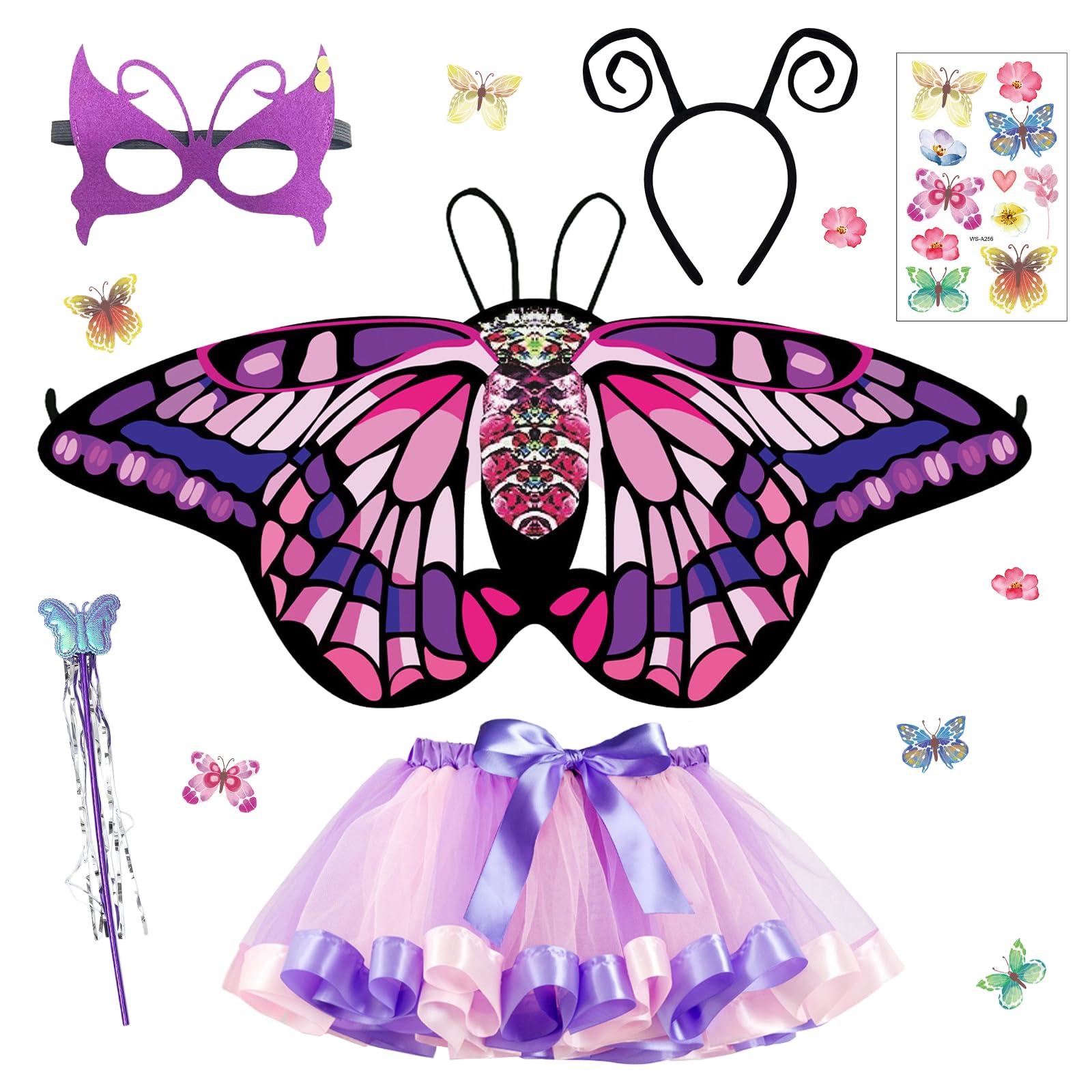 6 Pcs Butterfly Costume Kids Girls, Fairy Costume Cosplay Fancy Dress Set