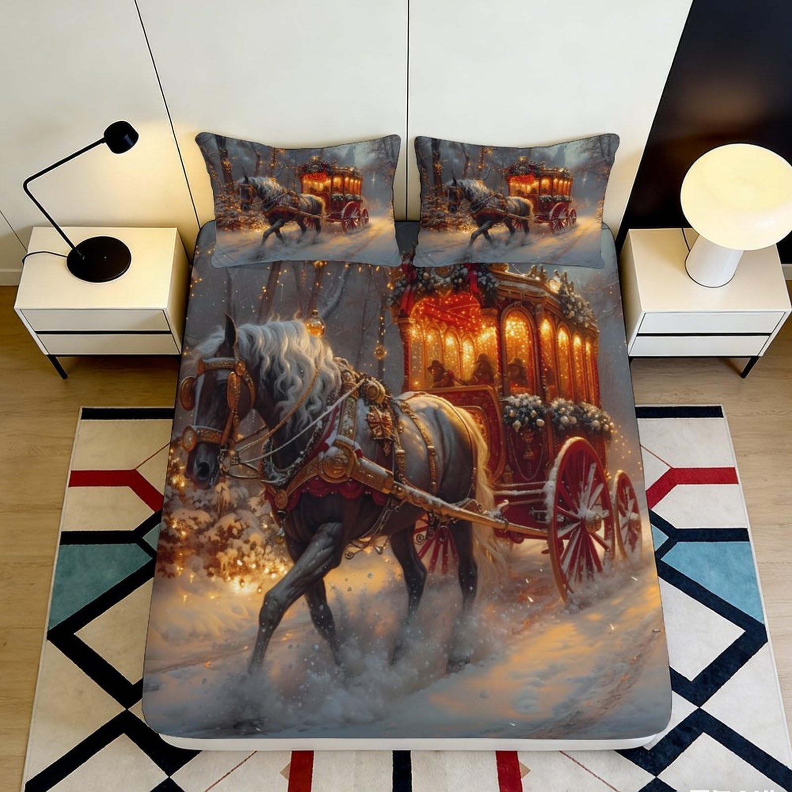 3D Printed Horse Carriage Fitted Sheet Microfiber Deep Pocket Non-Slip Winter Scene Mattress Fitted Cover for Bedroom 200x200x25cm