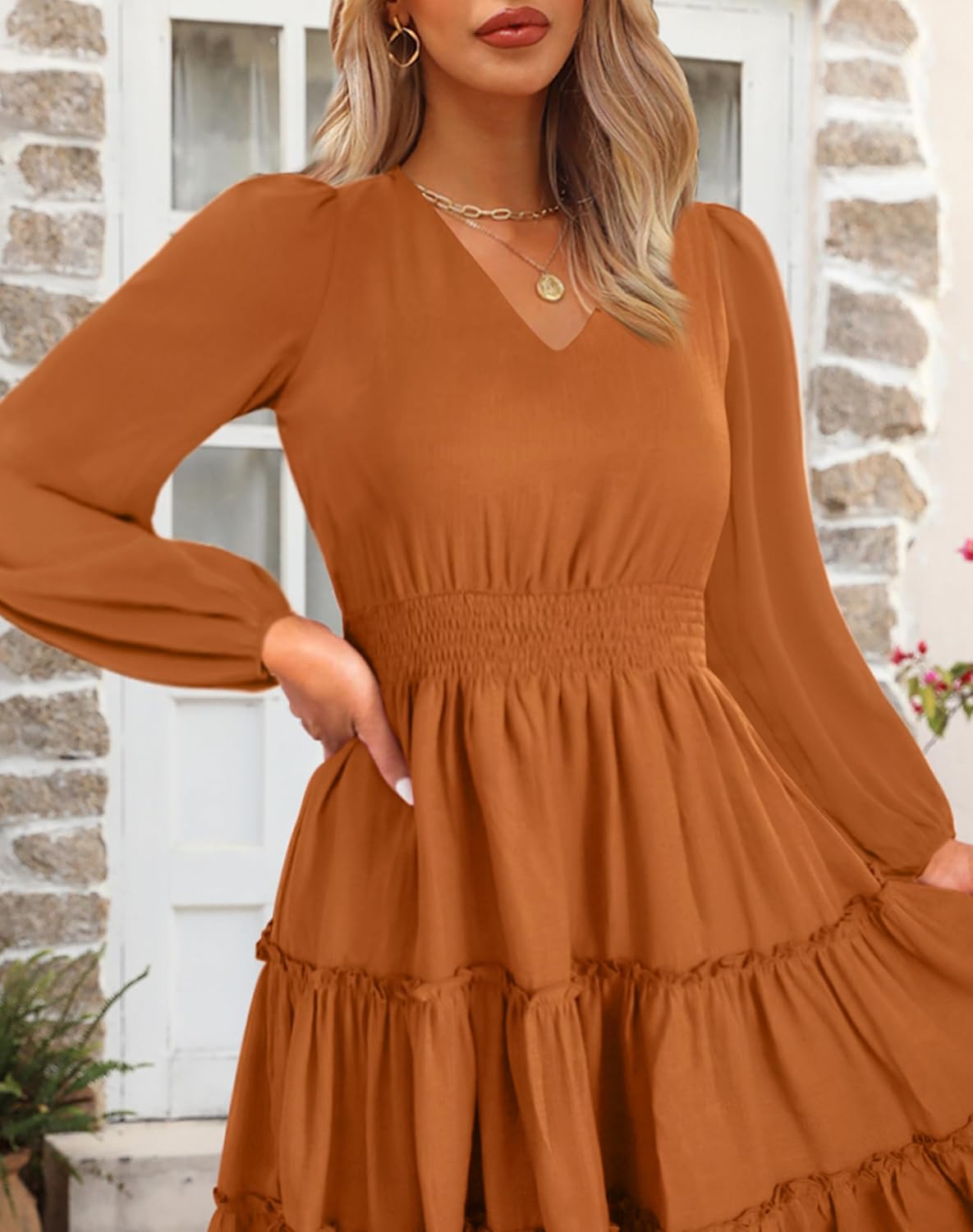 Zattcas Women 2026 Sping Summer Dress V Neck Smocked Waist Casual Flowy A Line Tiered Work Knee Length Dresses - Image 6