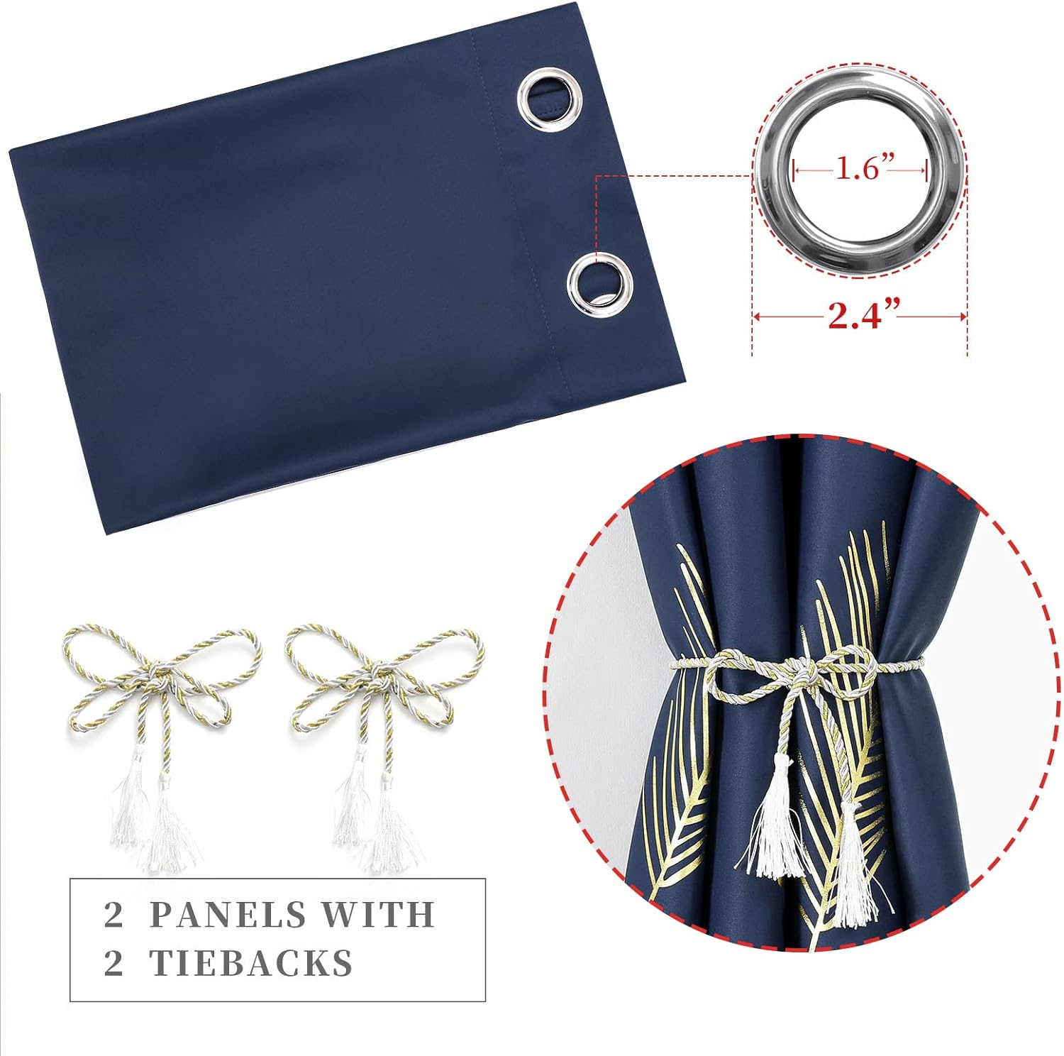 Estelar Textiler Navy Blue Blackout Curtains for Living Room 84 Inch Length 2 Panels Set, Gold Palm Leaves Printed Window Drapes, Energy Saving Curtains for Bedroom, 52Wx84L