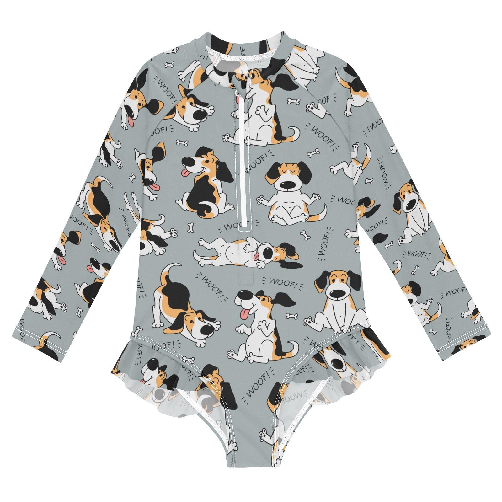 JHKKU Girls Long Sleeve Beagle Dog Swimsuit One Piece Zipper Rash Guard Bathing Suit with UPF 50+ Sun Protection Ruffle Swimwear 4T