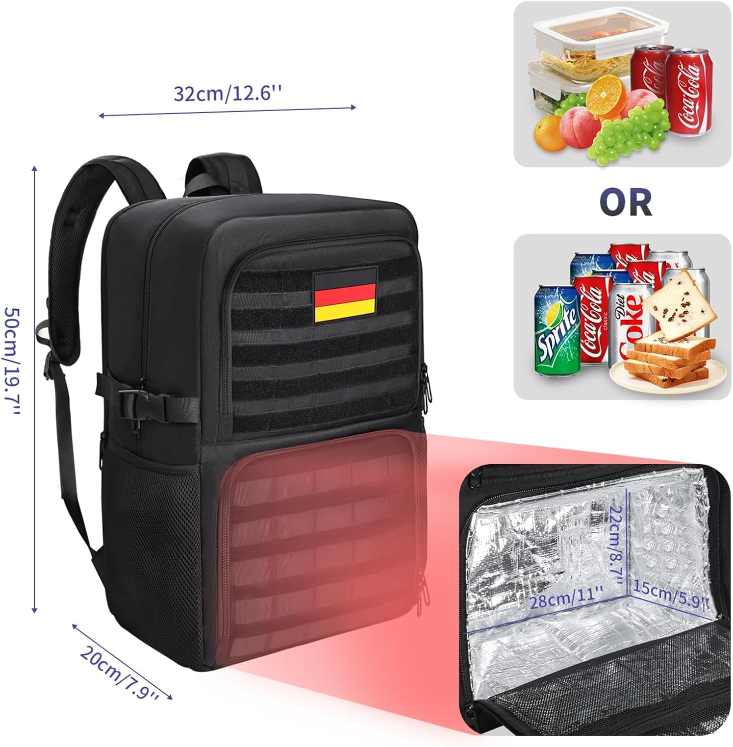 BERTASCHE Zaino da pranzo con scomparto termico isolato, 17,3 pollici, zaino per computer portatile da uomo, tattico, lavoro, scuola, picnic, viaggi, nero