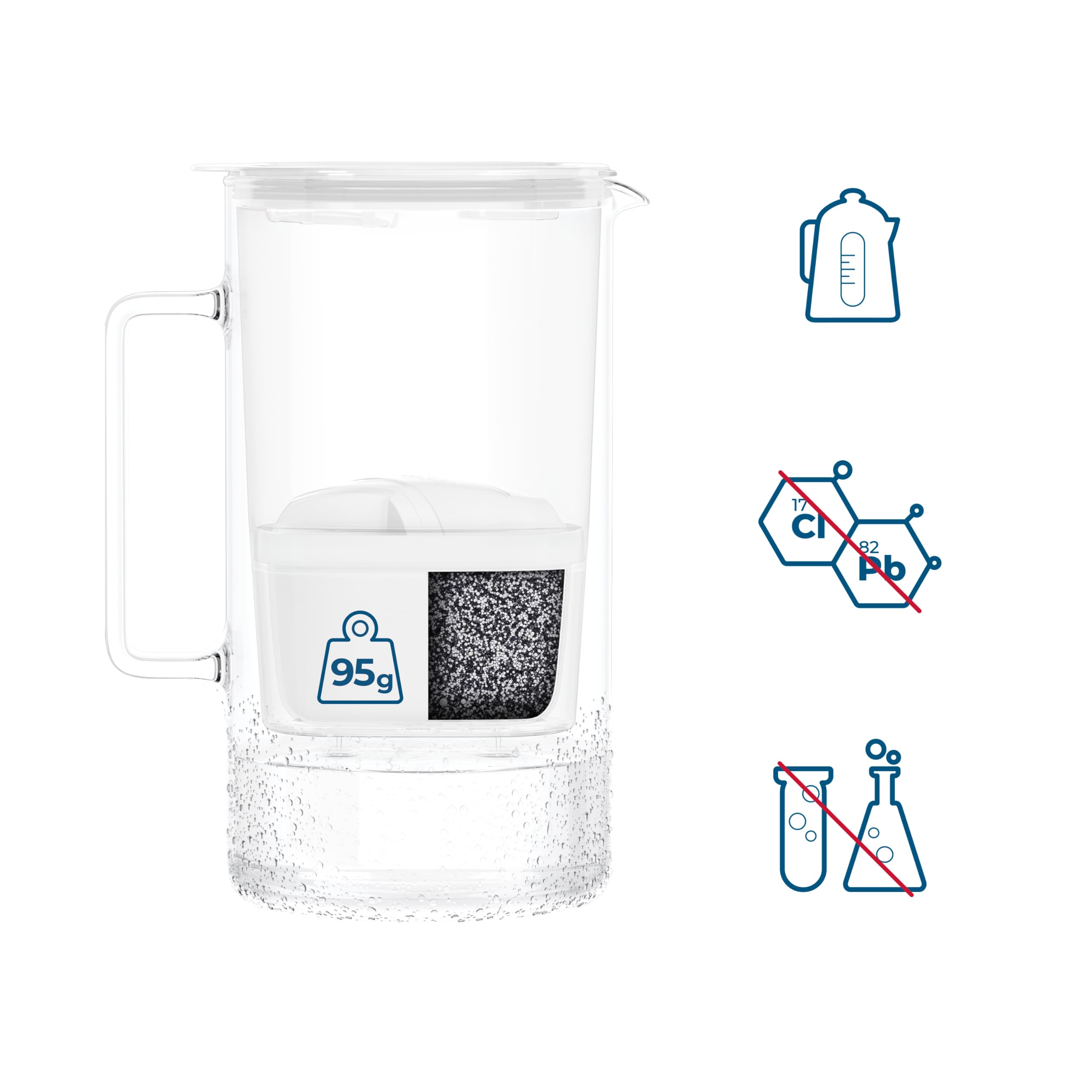Wessper Carafe filtrante en verre 2L, sans BPA Carafe à eau avec compteur de filtre intelligent, Pichet avec cartouche filtrante au charbon actif et anti-calcaire - Blanc