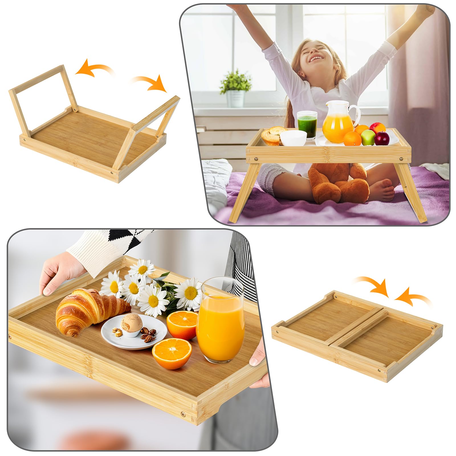 Vassoio da letto con gambe pieghevoli, in bambù, per colazione a letto, per mangiare, servire o da usare come vassoio per computer portatile (Beige)