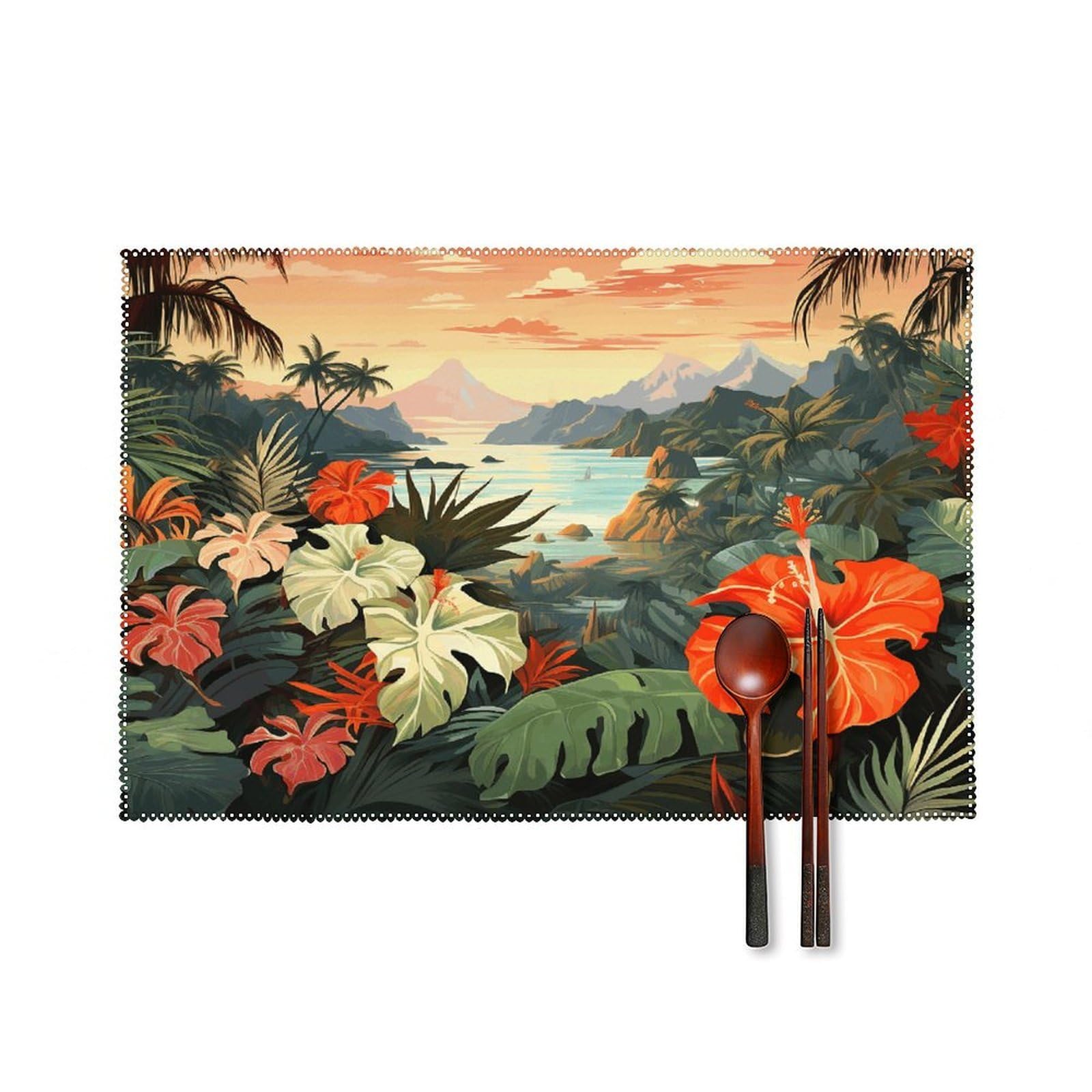Summer Hawaiian Placemats Washable Canvas Place Mats Decoration Placemat for Dining Table Easy to Clean Tables Mat Set of 6 for Kitchen Dining Room Coffee Table