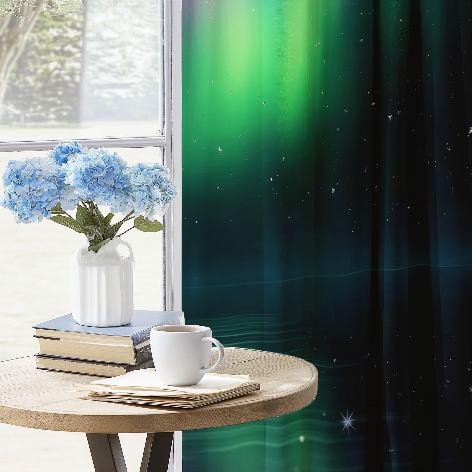 Verdunkelungsvorhänge H215 x B110 cm (2er Set), Natürliches Nordlicht Muster in Lila Grün, Thermo-Ösenschals für Wohnzimmer und Schlafzimmer