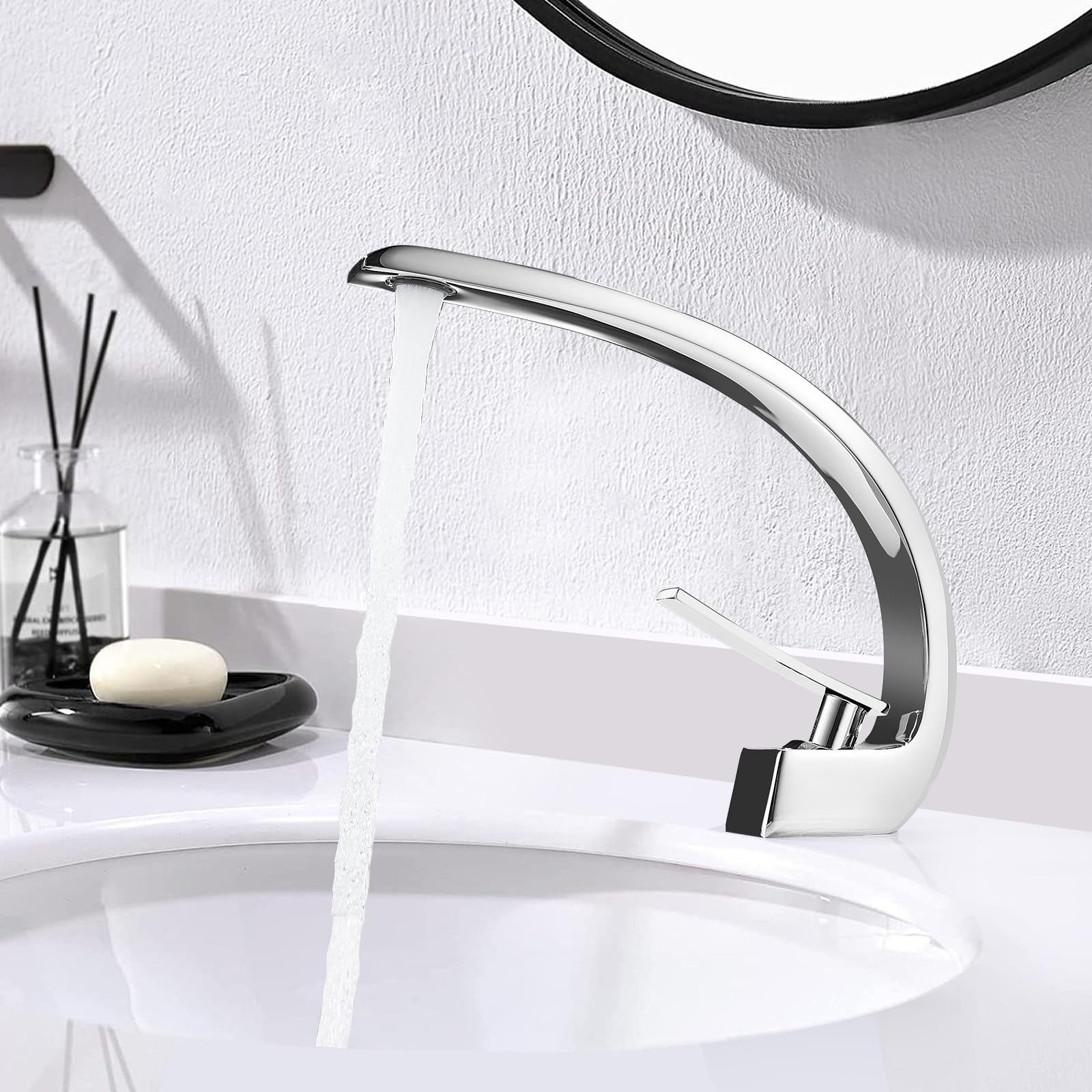 Badarmaturen Waschtischarmatur Chrom Einhebel Bad Waschbecken Armaturen Modern Waschtischarmatur 1 Loch Messing Mono Waschbecken Wasserhahn mit Heiß und Kalt G1/2 Adapter für Waschraum, Garderobe