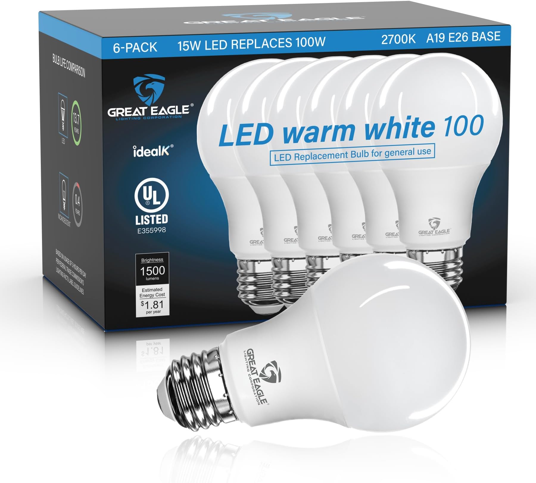 Great Eagle A19 LED Light Bulbs 100 Watt Equivalent - UL Listed - Warm White 2700K LED Light Bulbs, 15W Non-Dimmable, 1500 Lumens (6 Pack)