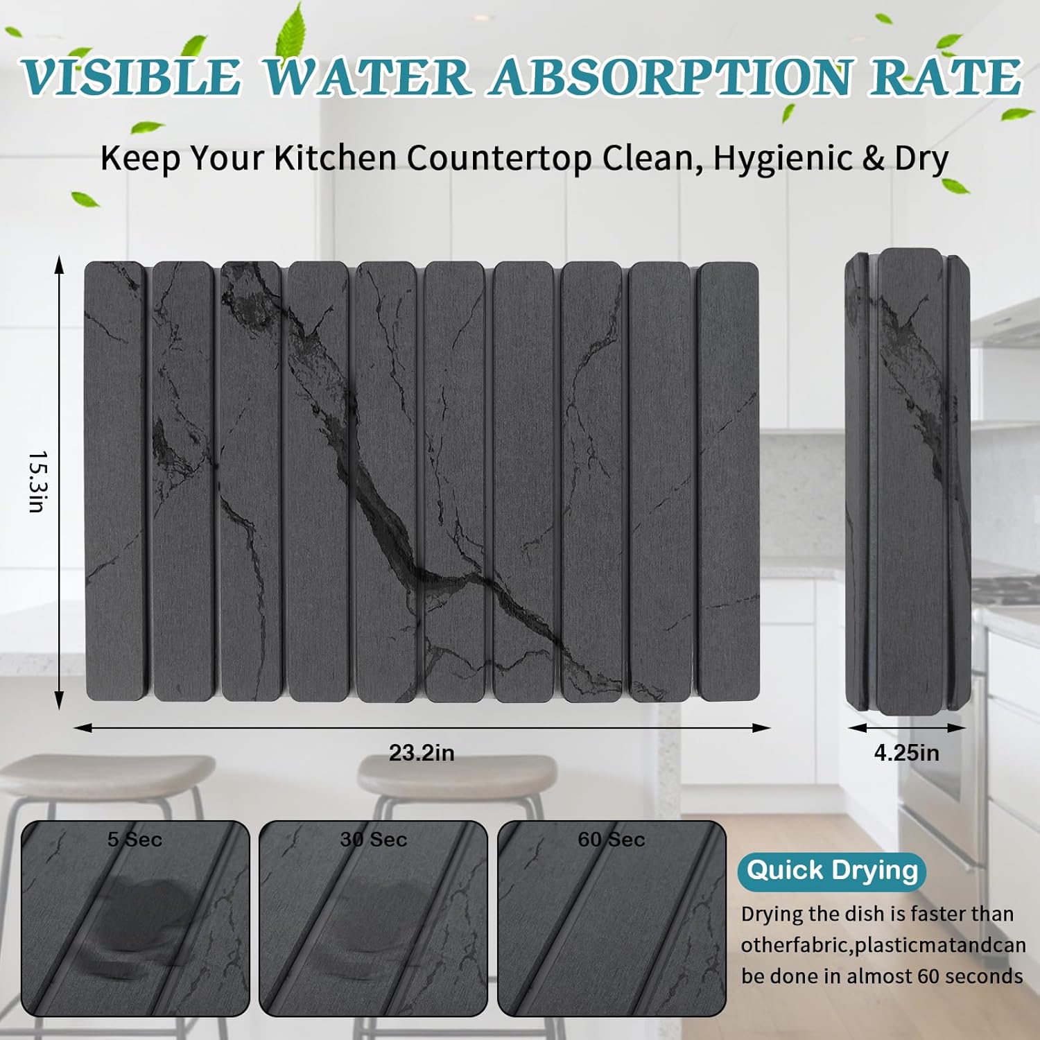 Stone Dish Drying Mat for Kitchen Counter, 24''×15'' Dishes Drying Matt Kitchen Counter, Absorbent Diatomaceous Earth Bath Quick Dry Mats for Tableware, Bottles and Cup(Dark Grey Marble)