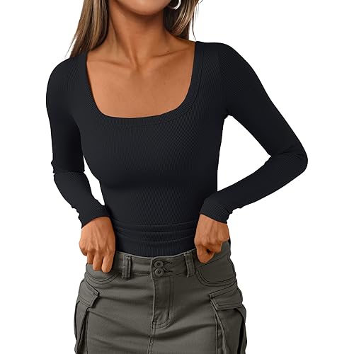 AUTOMET Womens Long Sleeve Shirts Square Neck Tops Ribbed Knit Fitted Casual Basic Tees Slim Fit Fall Outfits Fashion Clothes