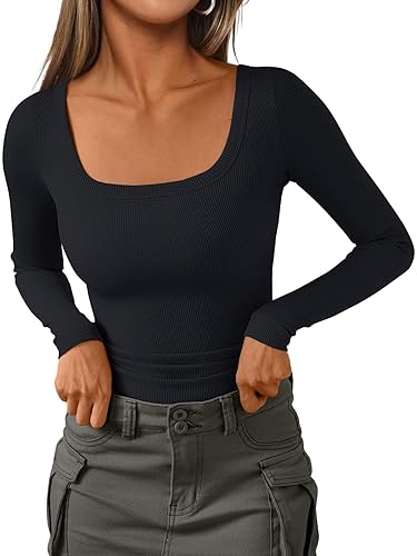 AUTOMET Womens Long Sleeve Shirts Square Neck Tops Ribbed Knit Fitted Casual Basic Tees Slim Fit Fall Outfits Fashion Clothes - Large - Black