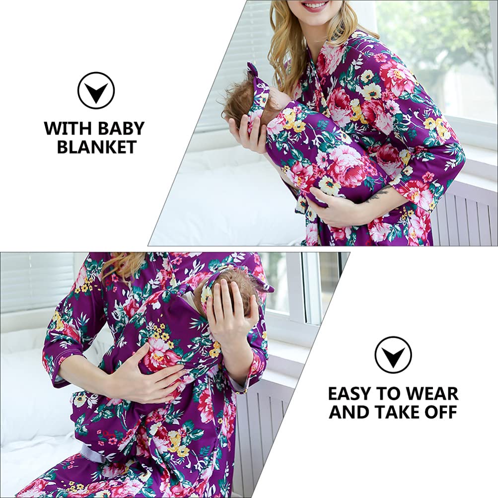 Abaodam 3 Pz Camicia da Notte Premaman Mom And Baby Matching Outfits Hospital Camicia da Notte Kimono da Donna Fajas Post Parto da Donna Mancare Viola Cardigan Sciolto Cotone