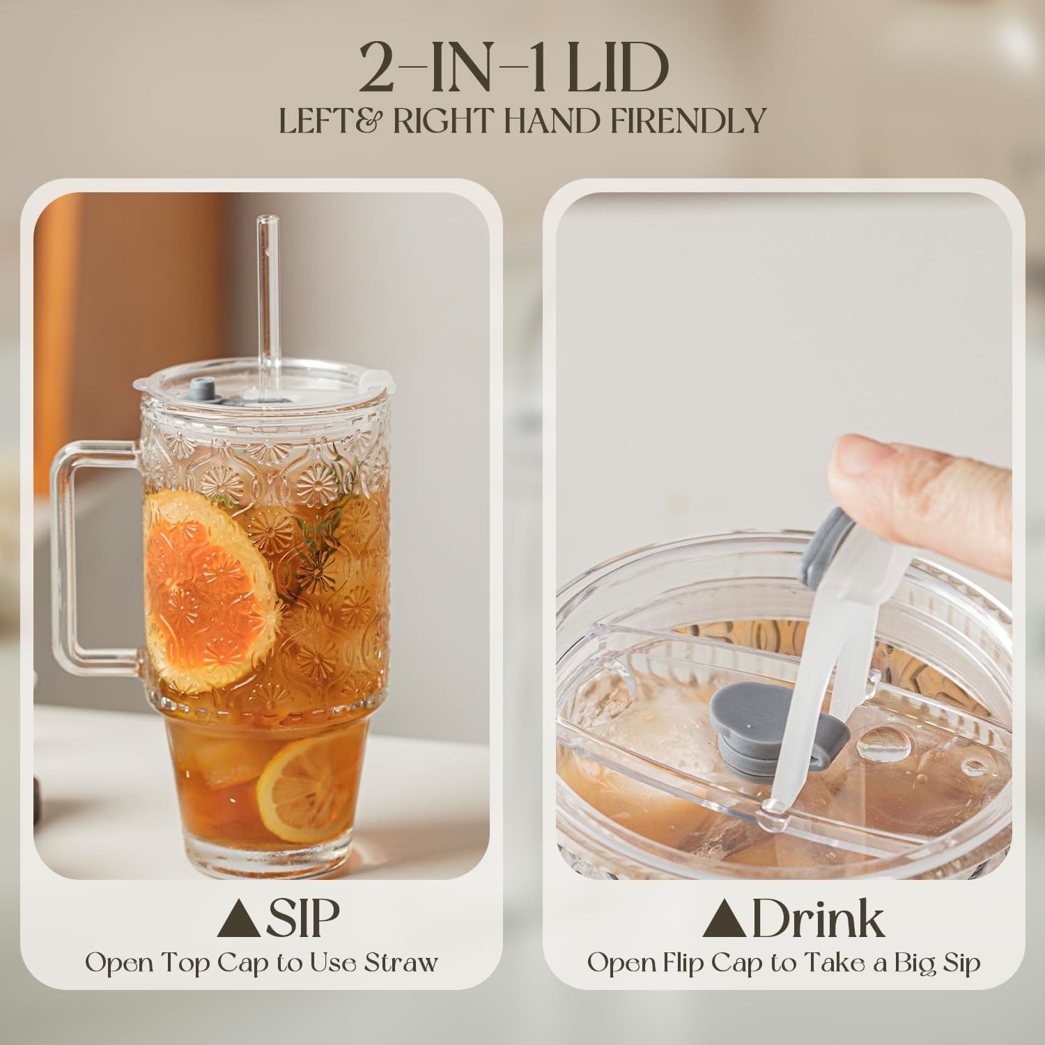 KEMORELA 24 Oz Ribbed Glass Tumblers with Lids and Straws, Tumbler Cup with Handle, Iced Coffee Glassware, Clear Reusable Drinkware for Smoothies and Beverages(1) - Image 4