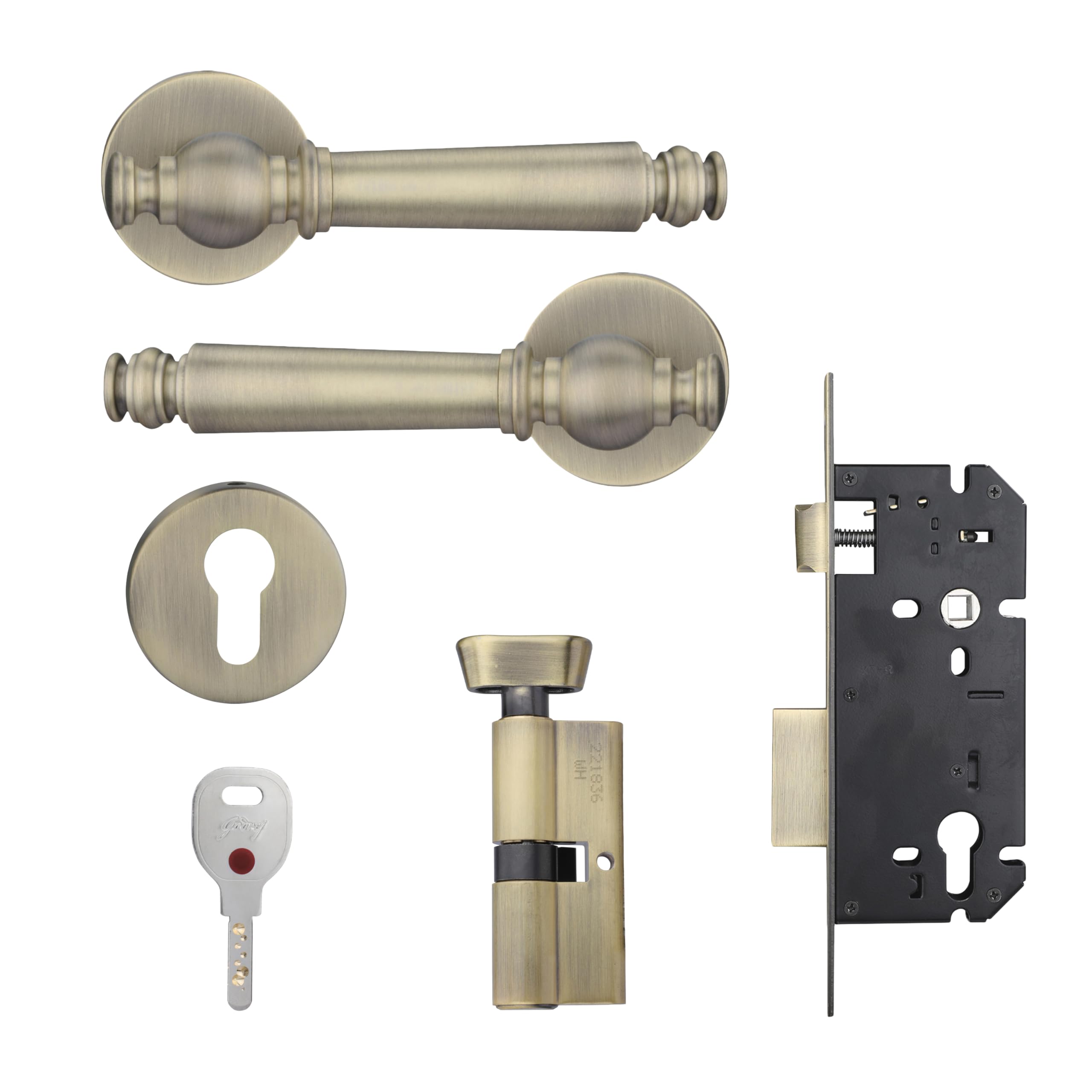 Godrej Mortise Lock|Handle Lock Set for Main & Bedroom Door|HDH 12 Brass Home Décor Handle|Satin Steel Finish|10 inch Lockbody|60 mm Cylinder Key Outside& knob from Inside 4 Keys |5 Years Warranty