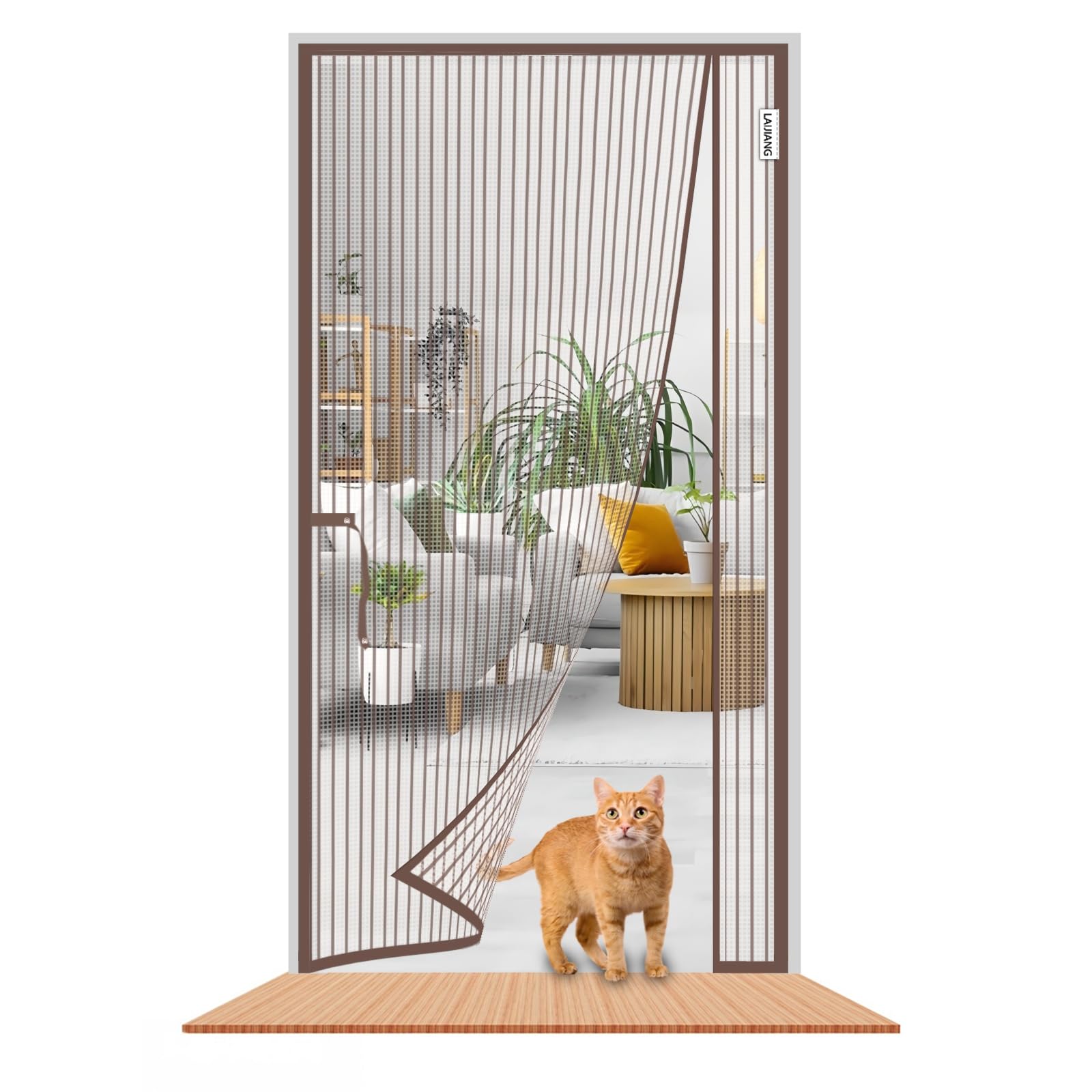 LAIJIANG Magnetic Screen Door, Heavy Duty Mesh Screens Door with 4cm Wider Magnet At The Top, Fly Curtain Self-Sealing Keeps Bugs Out Kids & Pets Friendly(Brown ⅃,110x210cm)