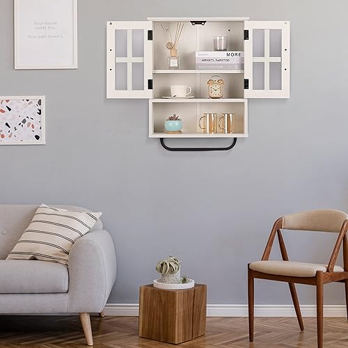 Miniatura 8 de RUSTOWN Armario de almacenamiento de pared de madera con puertas de vidrio cruzadas, montaje en pared de granja, armario rústico de 3 niveles con