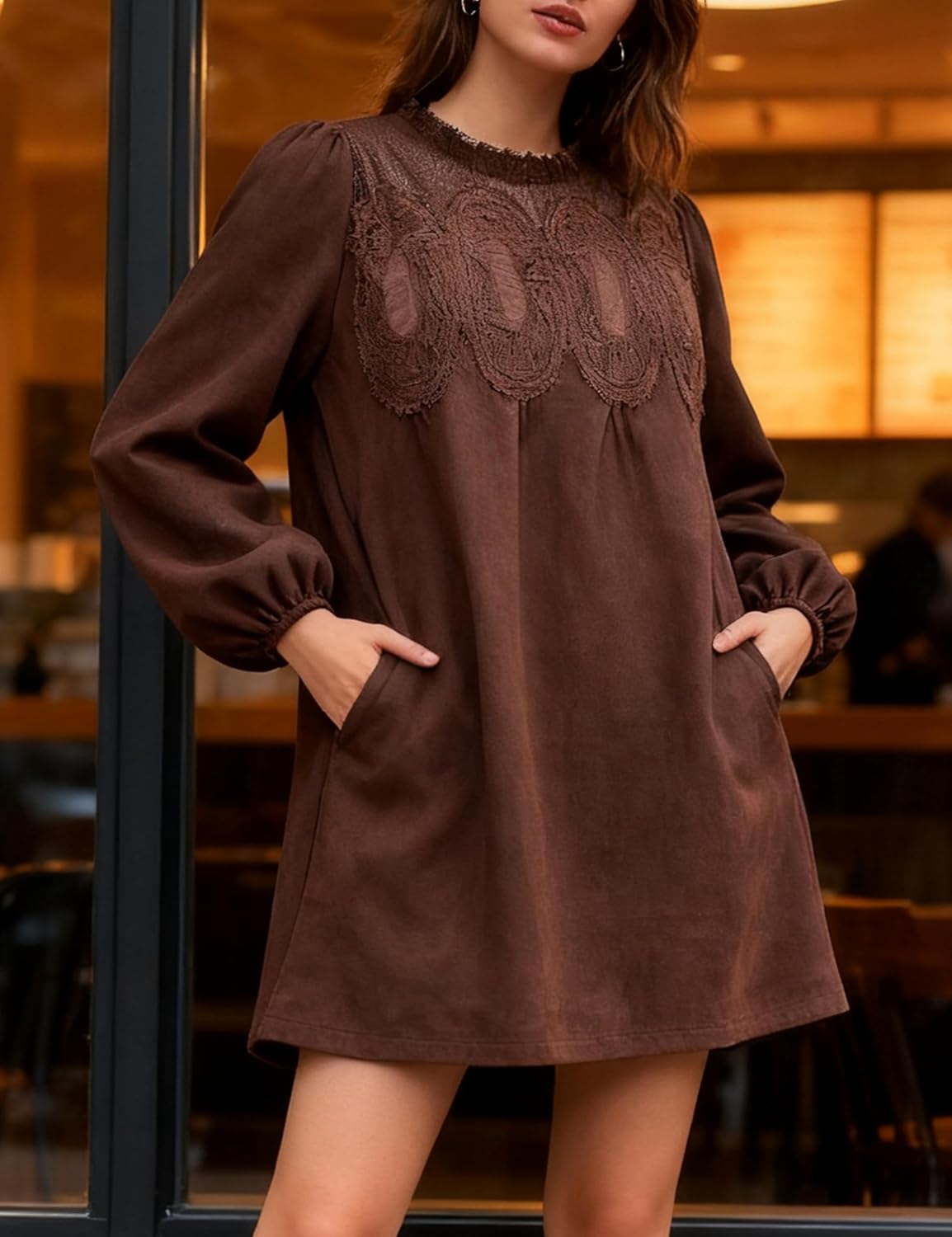 Athlisan Women's 2025 Fall Mini Dress Long Sleeve Faux Suede Lace Patchwork Babydoll A-Line Swing Dress with Pockets - Image 3