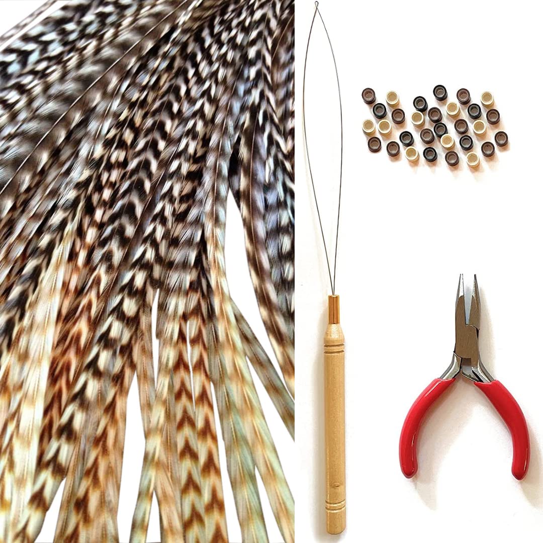 Hair Feathers and Tool Kit, Natural Tie Dye Brown Black and